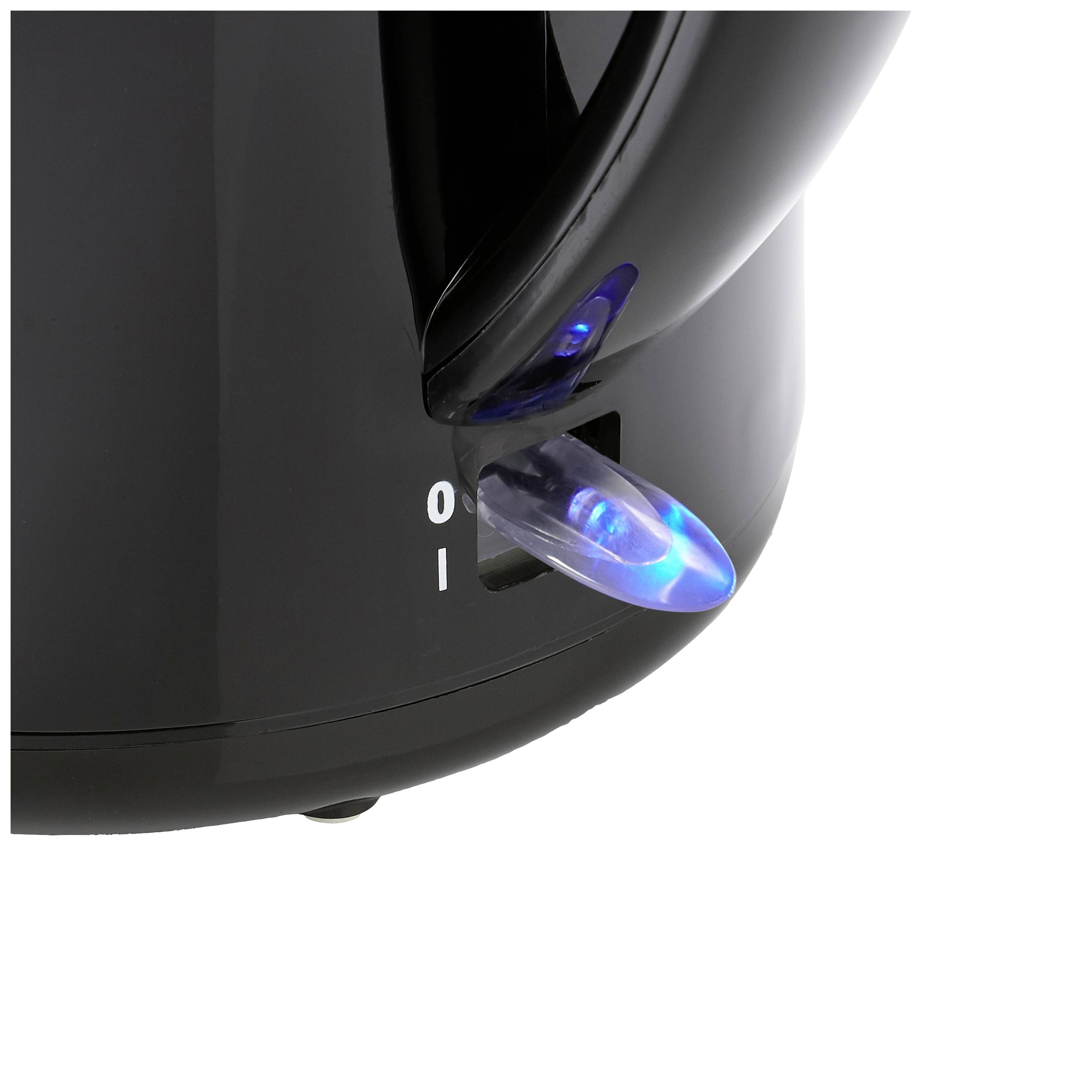 Black kettle with blue, illuminated switch set to 