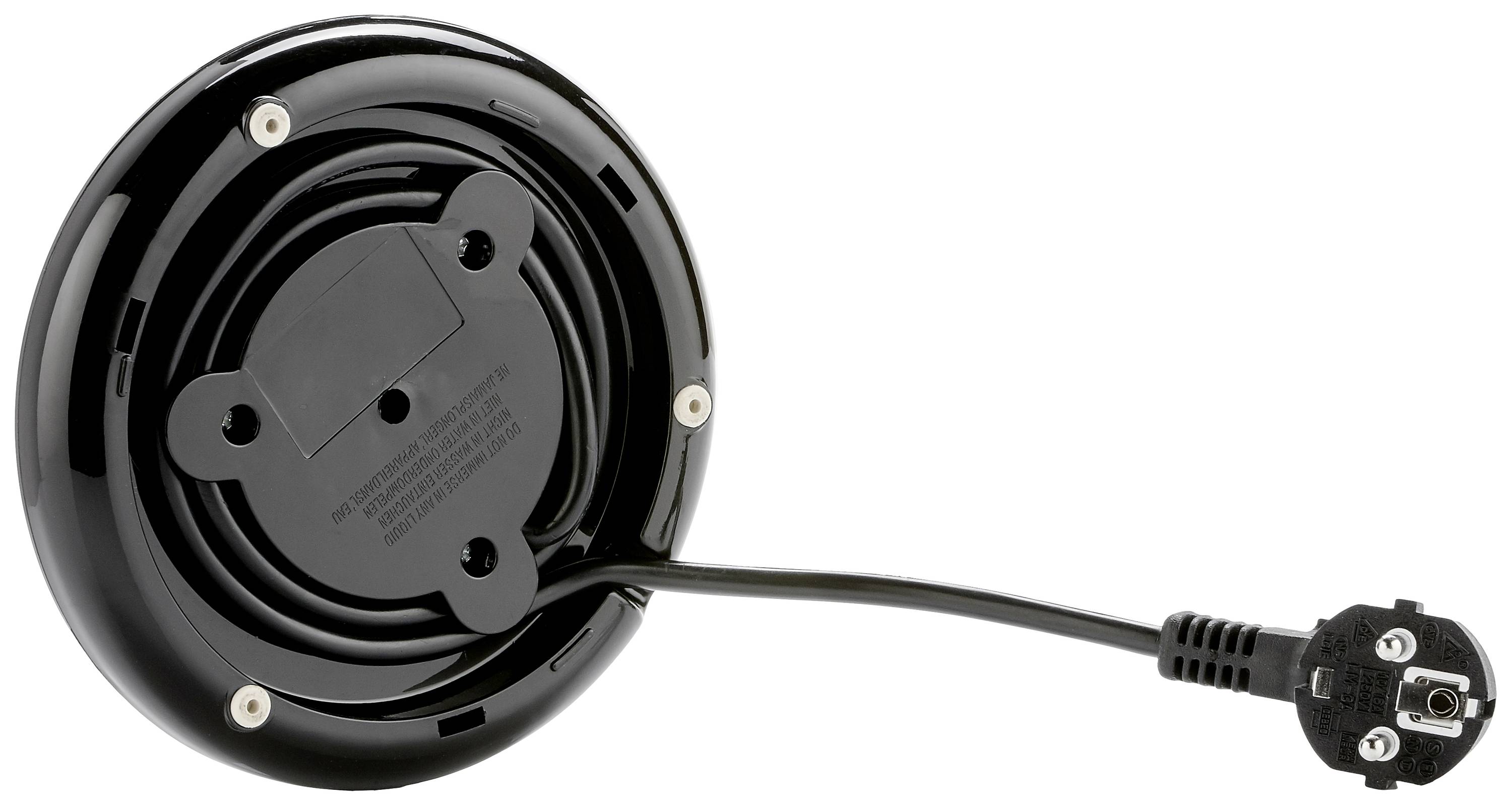 Underside of a round, black electrical device with a coiled cable and plug. Suitable for kitchen appliance base.