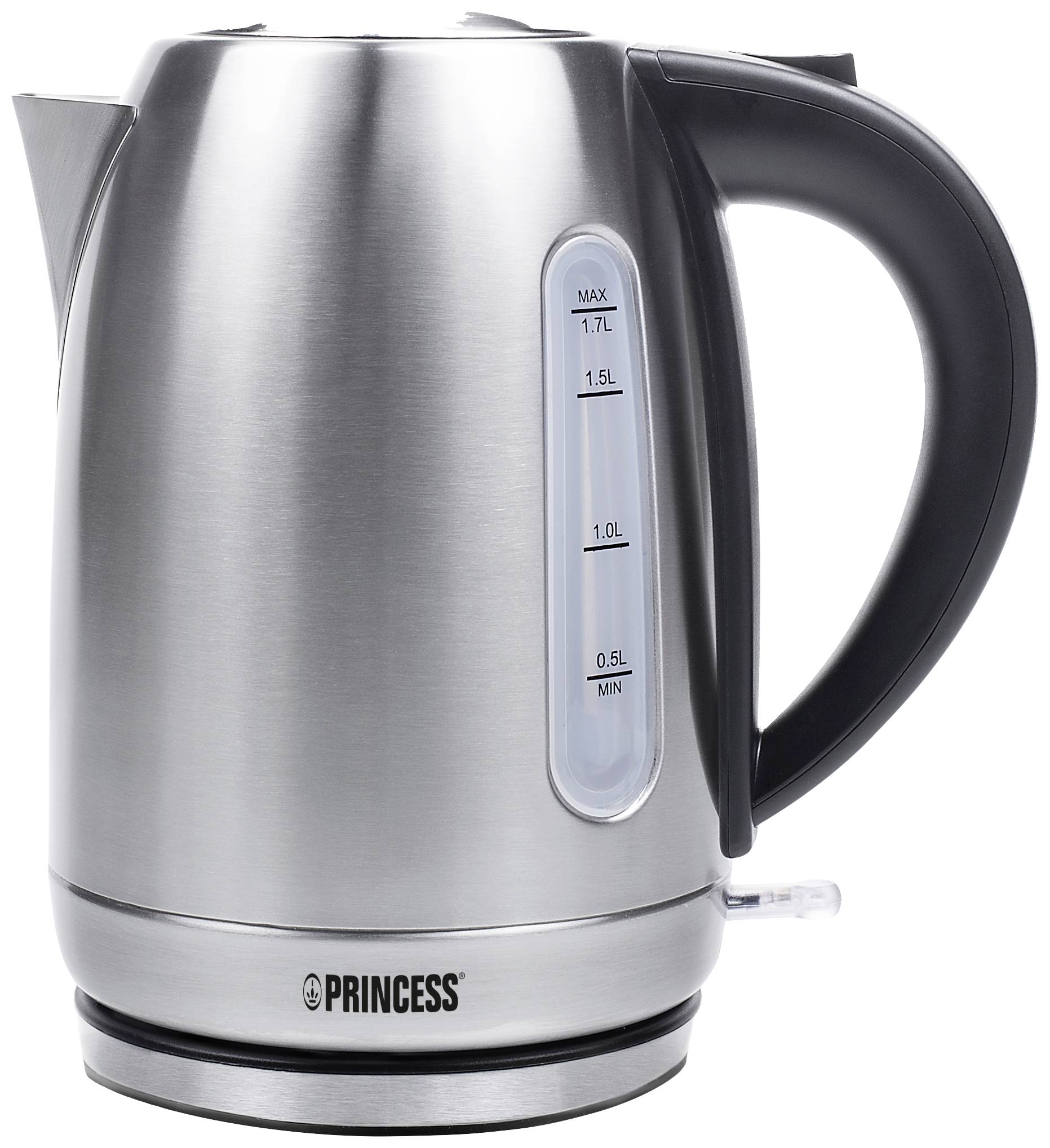A silver kettle with a black handle and a water level indicator on the side, marked from 0.5L to 1.7L.