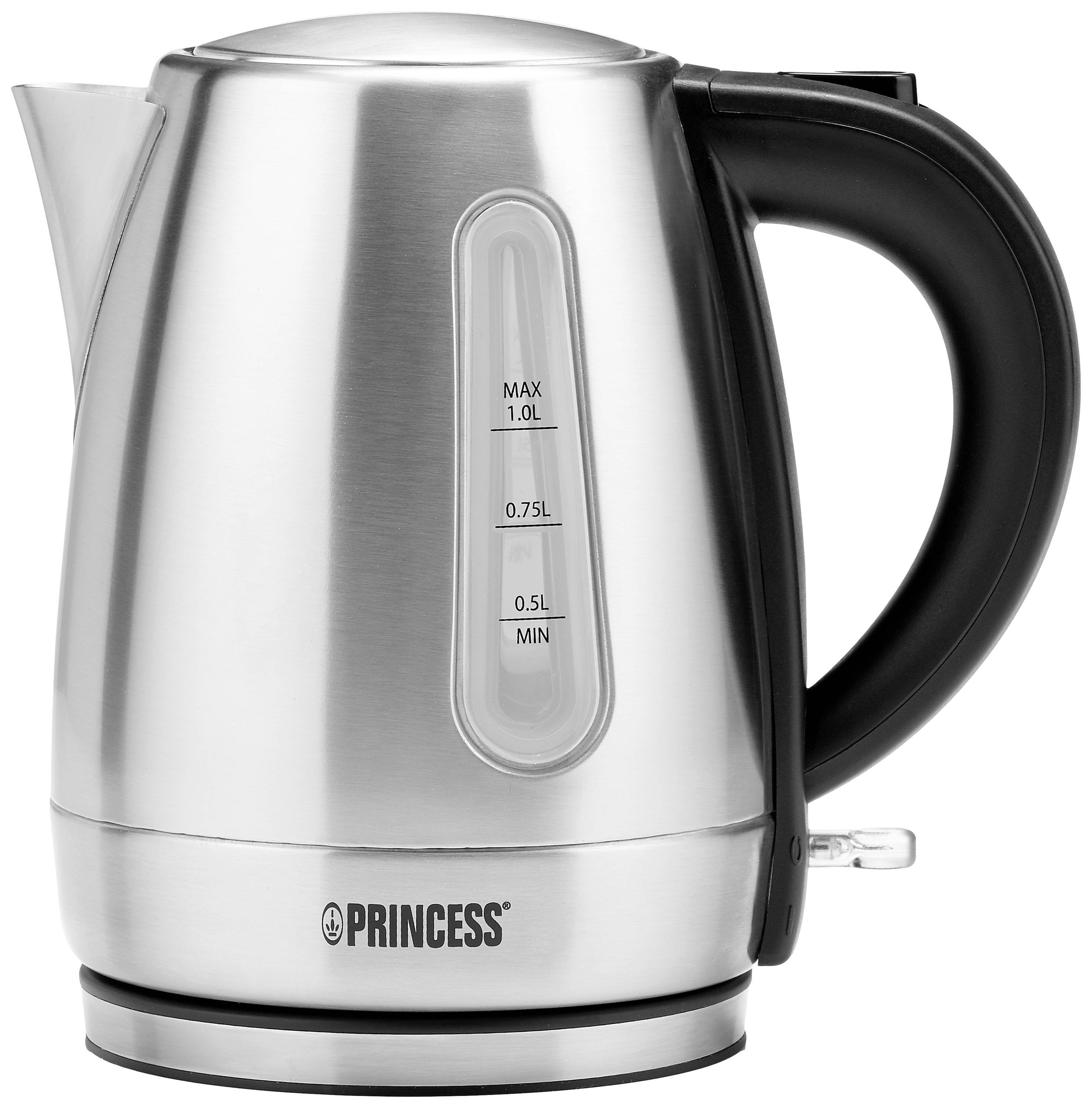Stainless steel electric kettle with black handle and water level indicator, 'Princess' brand, capacity up to 1 litre.