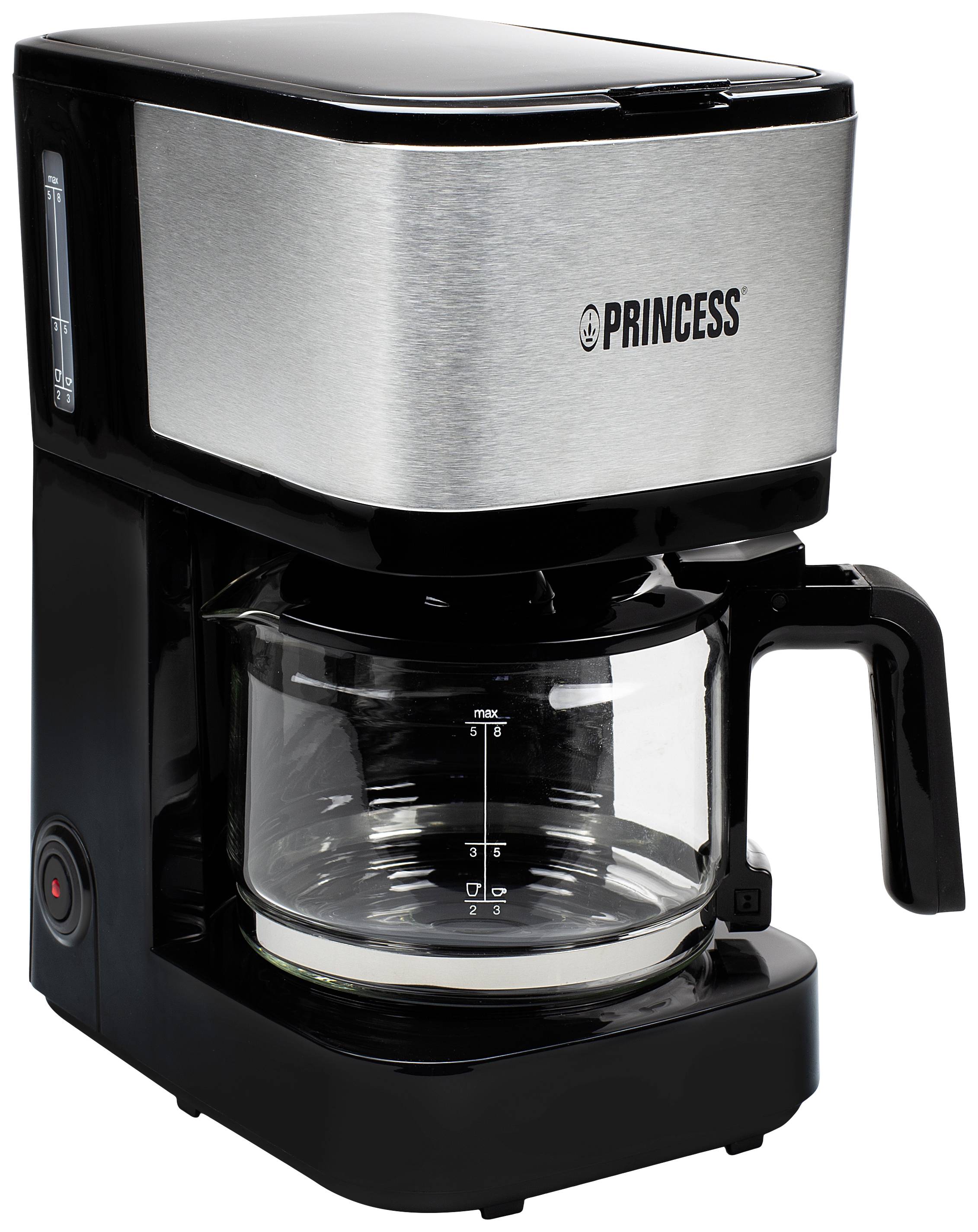 Black and silver coffee machine. Glass jug with measuring scale; 'PRINCESS' brand on the stainless steel casing.
