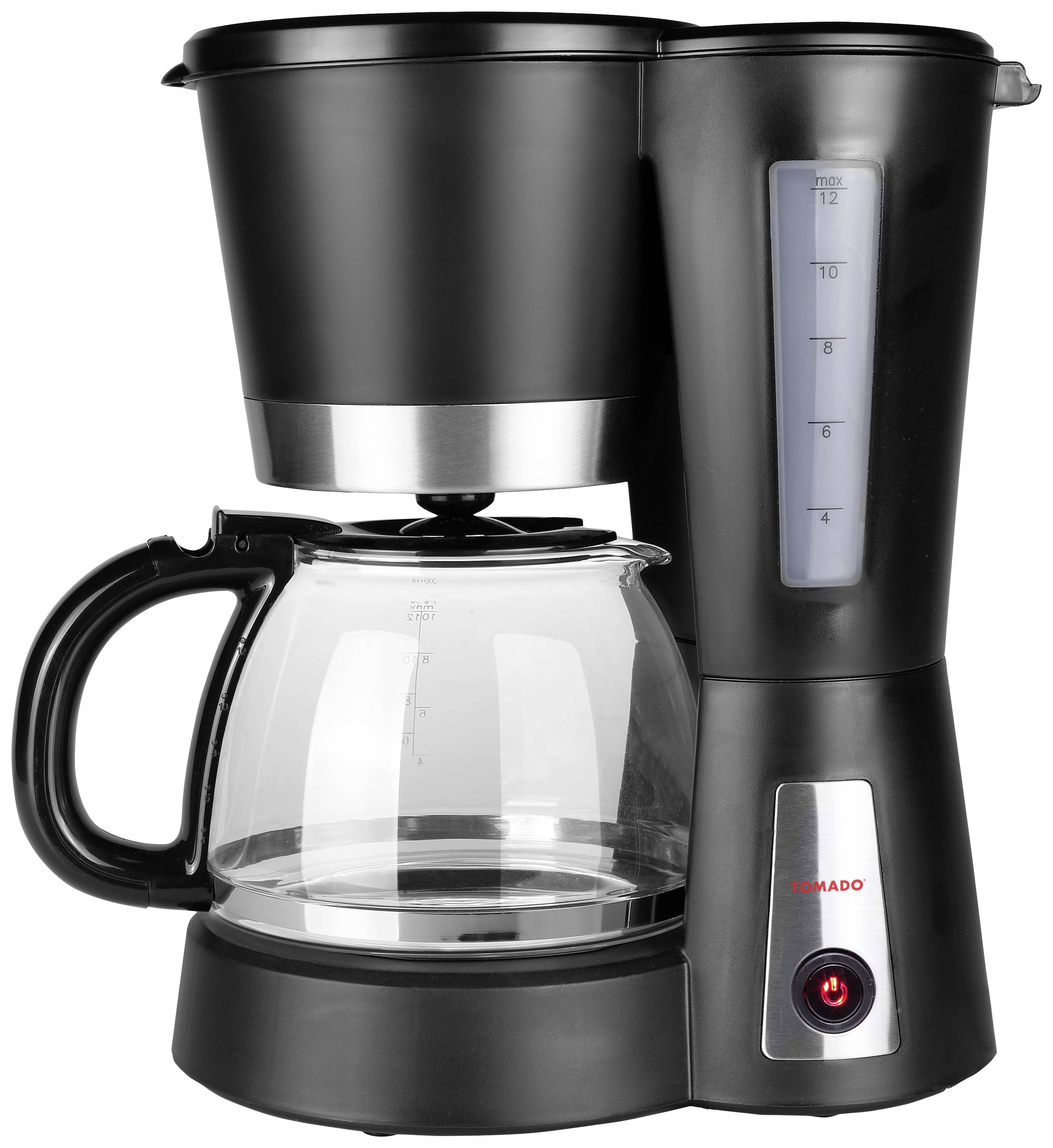 Black electric coffee machine with glass carafe and water level indicator. Suitable for brewing filter coffee.
