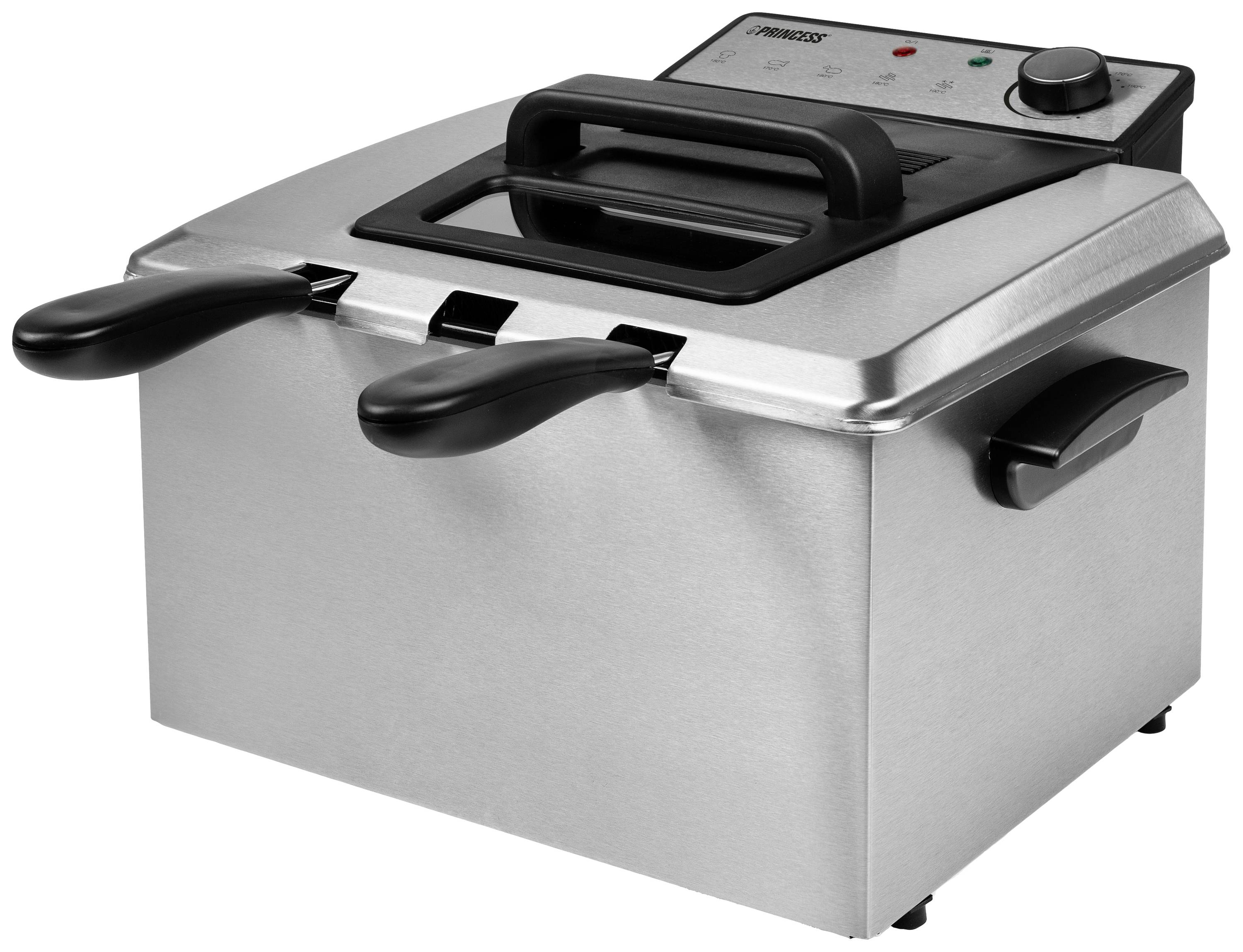 Silver deep fat fryer with two black handles and a control panel with switches and lights.