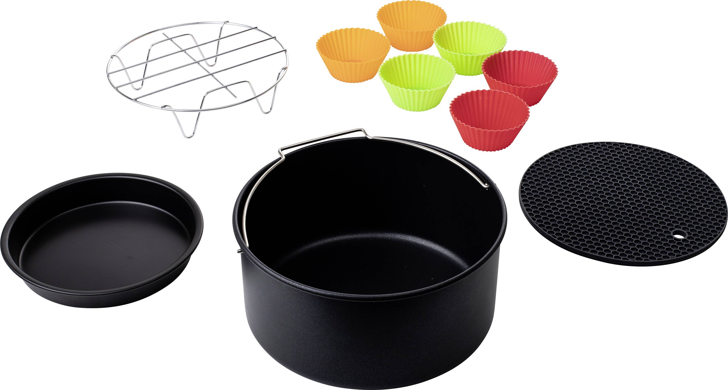 Kitchen accessory set with black pot, cake tin, muffin cases in red and green, rack and black trivet.