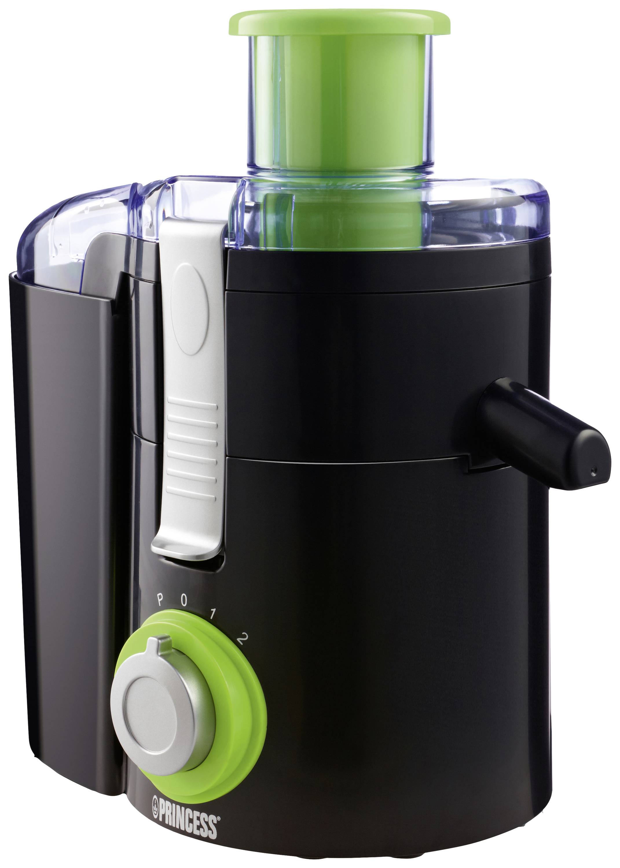 A black juicer with a green control knob and filling nozzle. Side view shows an on and off switch.