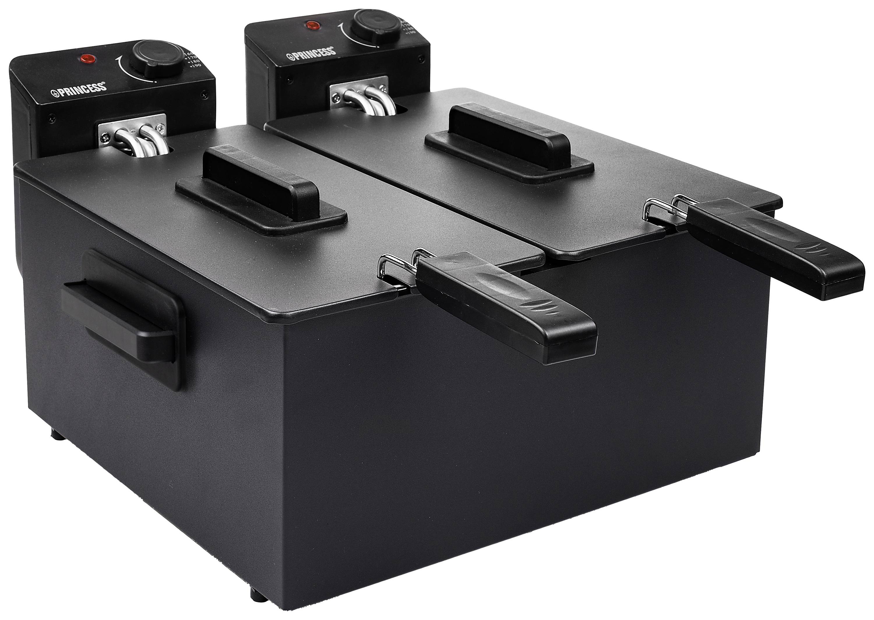 Two black deep fat fryers side by side with handles and temperature controls on a smooth surface.