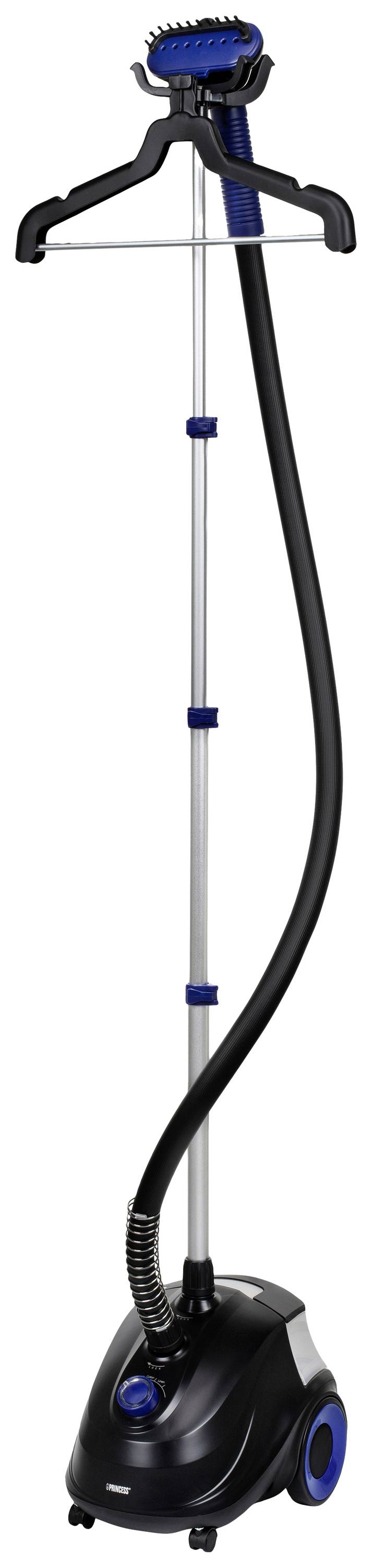 Steam iron on wheels with clothes hanger holder on top, black and blue colour accent, suitable for smoothing clothing.