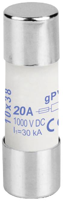 A cylindrical fuse wire with inscription: '20A, 1000 V DC, I=30 kA'. Housing made of metal and ceramic.