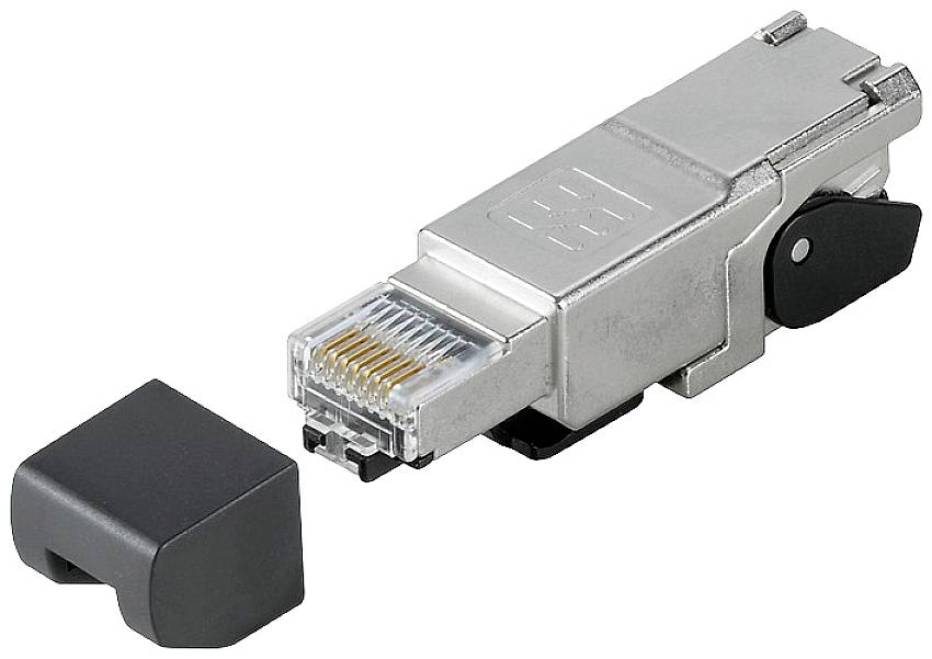 A silver-coloured RJ45 plug next to a black dust cap, suitable for network connections.
