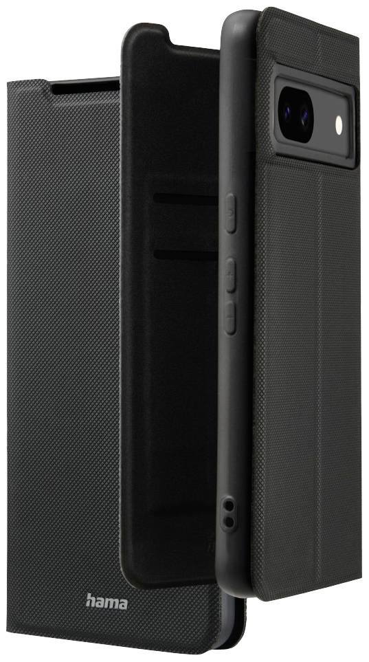 A black smartphone case by Hama is open. Camera cutout, buttons, and card slots are visible.