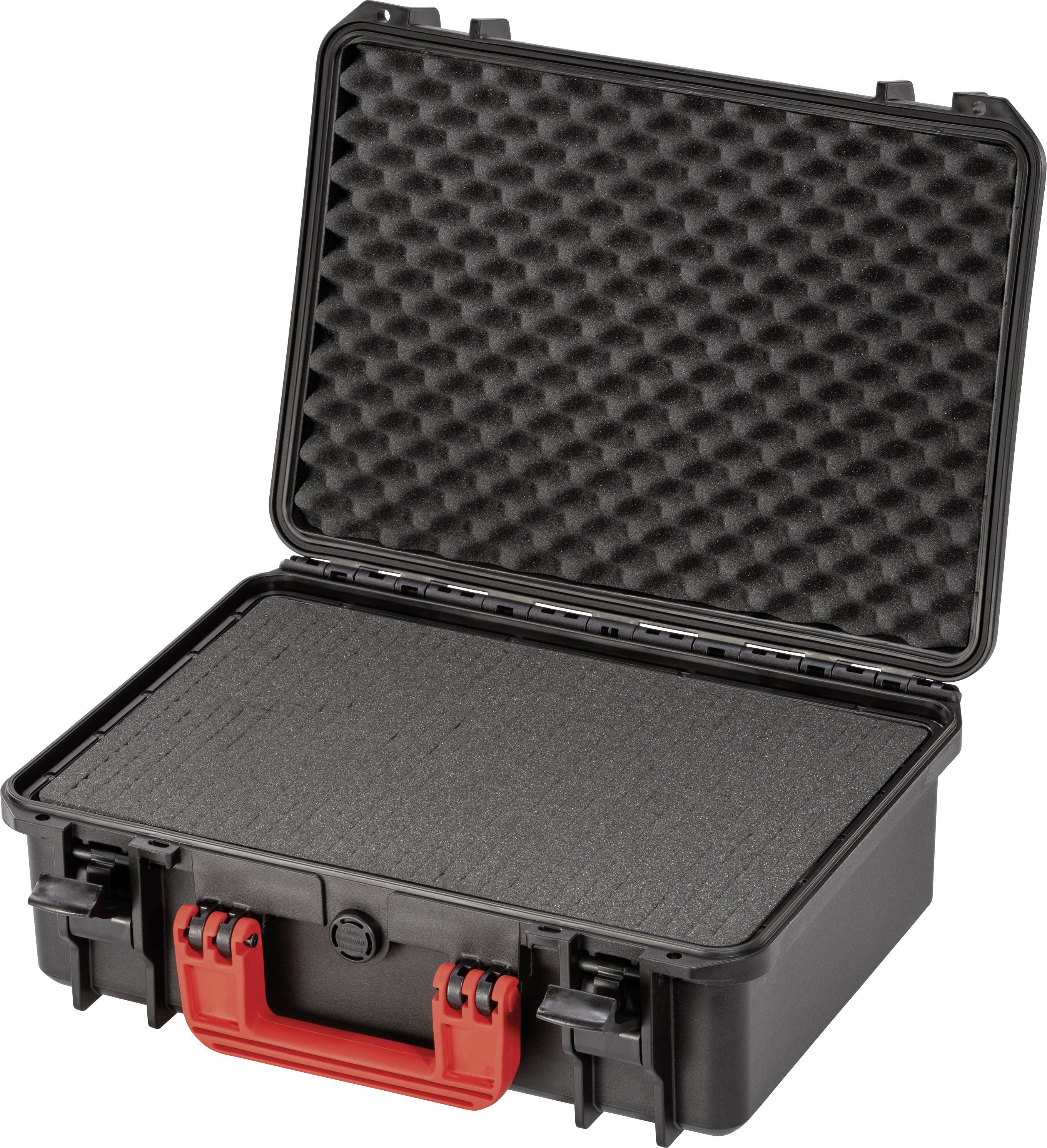 An opened black protective case with foam padding and a red handle, suitable for the secure transportation of delicate items.