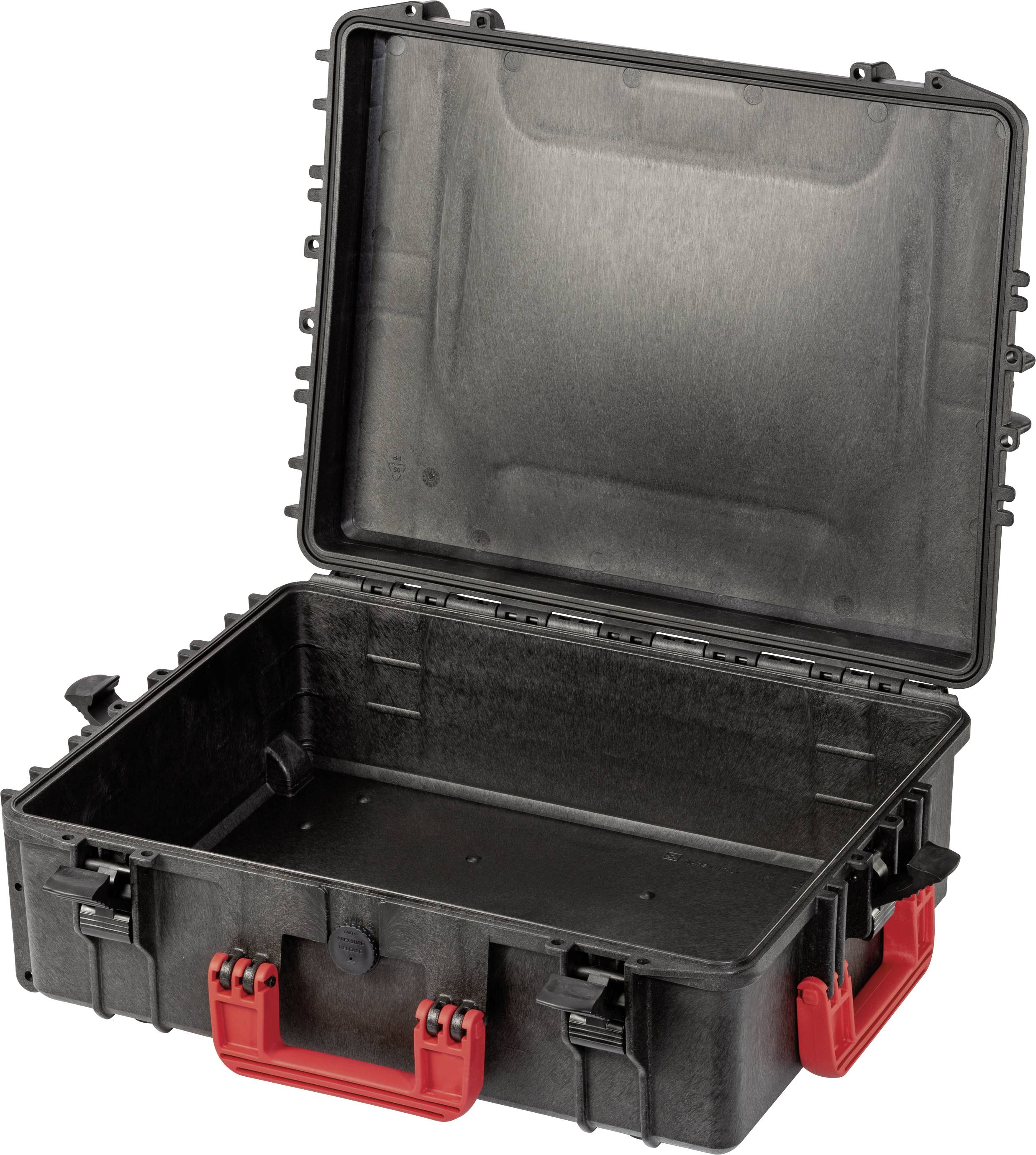 An open, black hard-shell suitcase with red handles and inserts, shown from above in an empty state.