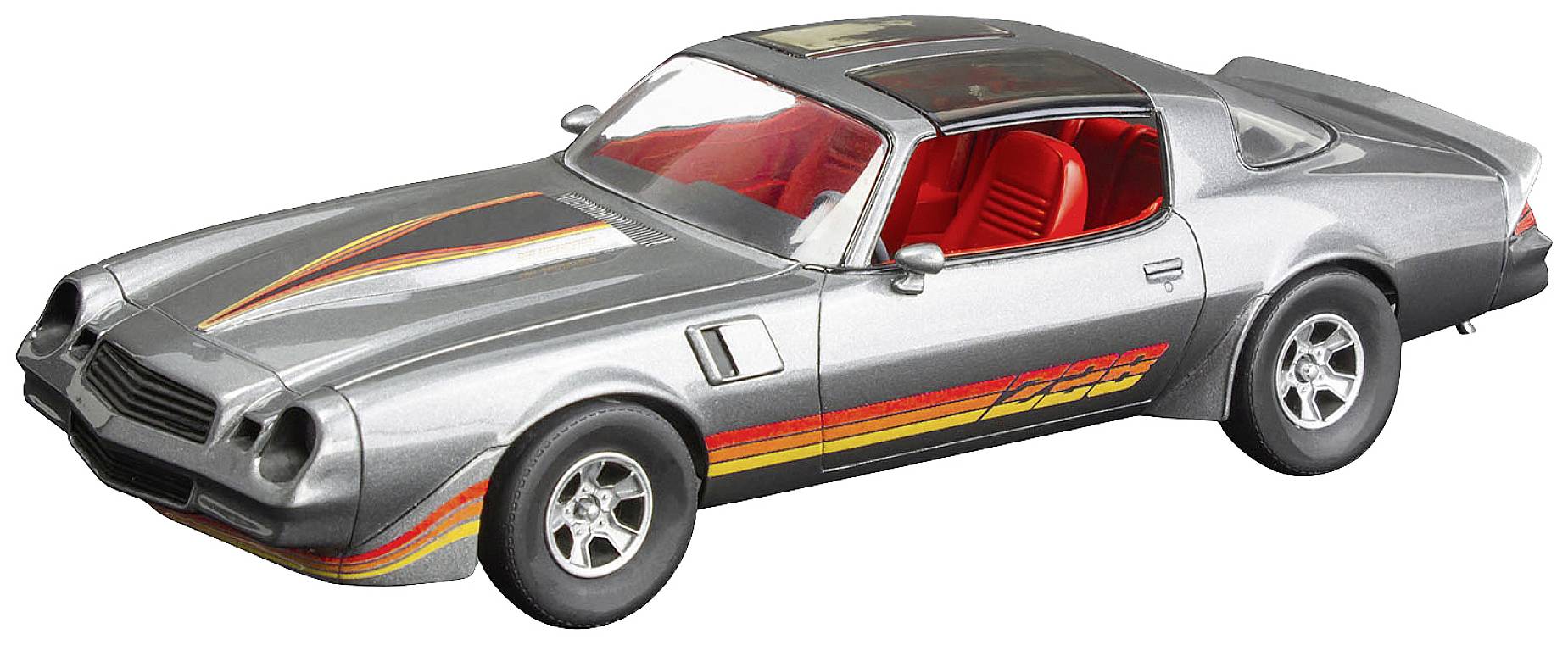 Silver toy car with red stripes and red seats. The design is reminiscent of a classic muscle car from the 1970s.