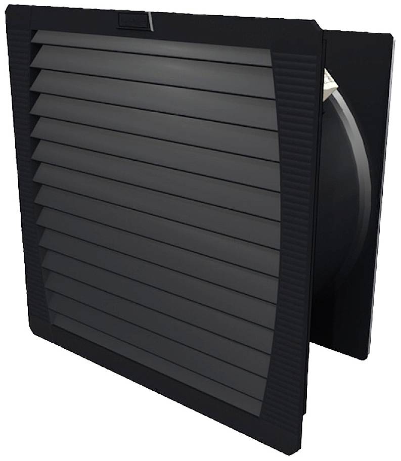 Dark ventilation grille, rectangular, with louvres for air circulation, side view.
