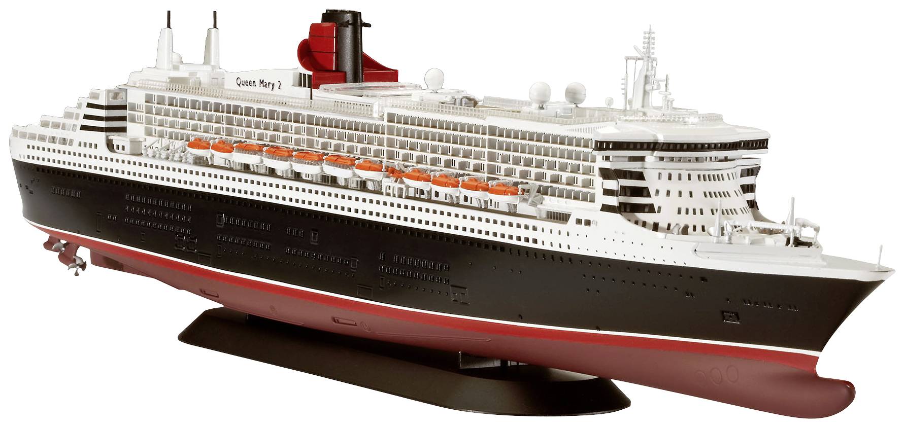 Model of a cruise ship with detailed decks, lifeboats and a distinctive red funnel mounted on a stand.