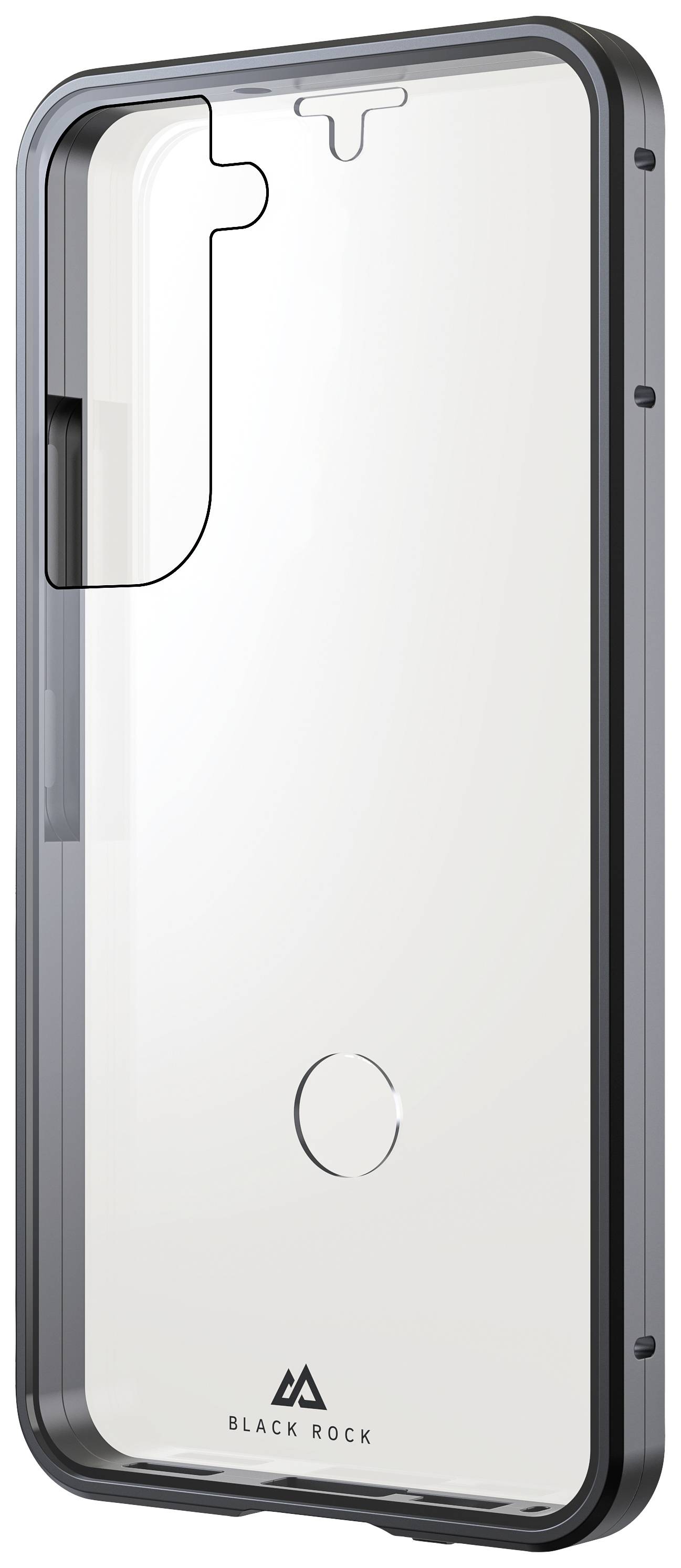 A transparent smartphone case with a black border, marked with 'Black Rock', shows areas for camera and flash.
