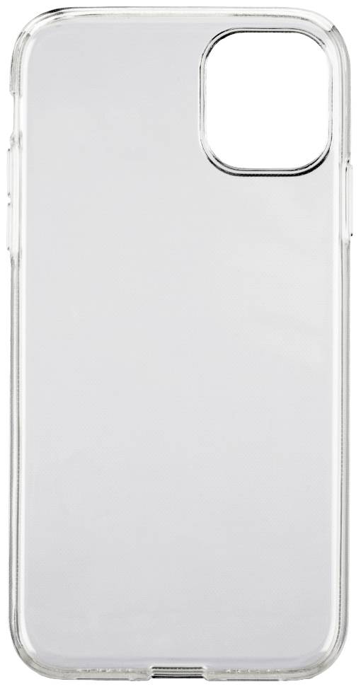 Transparent, flexible mobile phone case for a smartphone with rounded corners and cutouts for camera and buttons.
