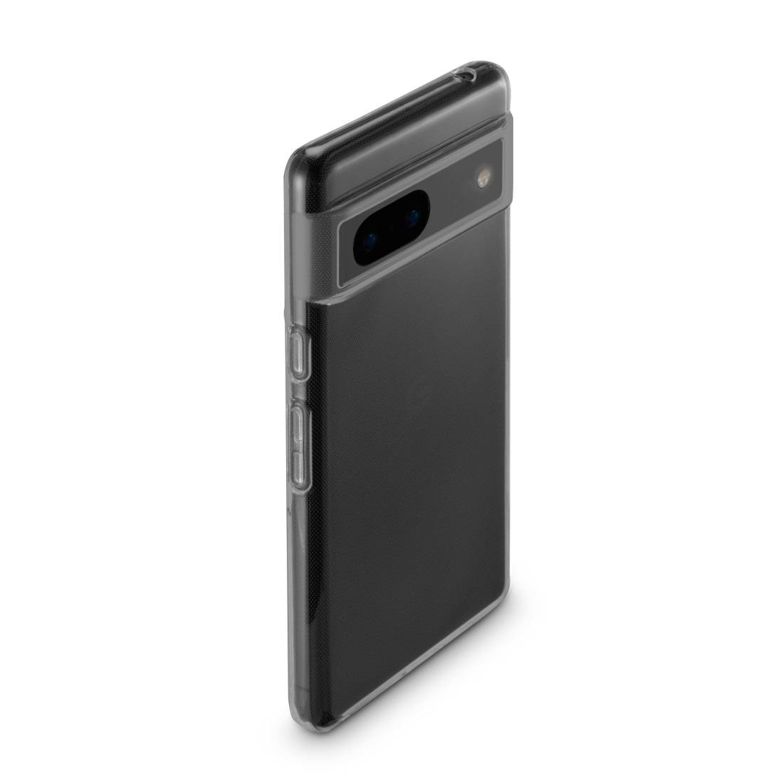 A black smartphone with a case, shown at an angle from behind, camera and side buttons visible.