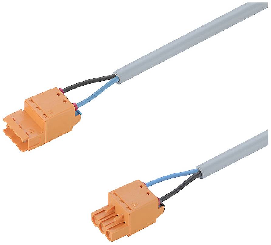 Orange connector with two black and one blue cable. Connected to a grey cable. Electronic component.