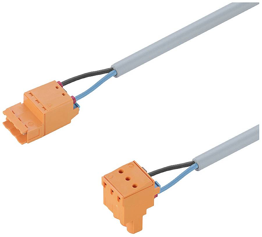 A grey cable with two orange connectors at the ends, suitable for electrical connections.