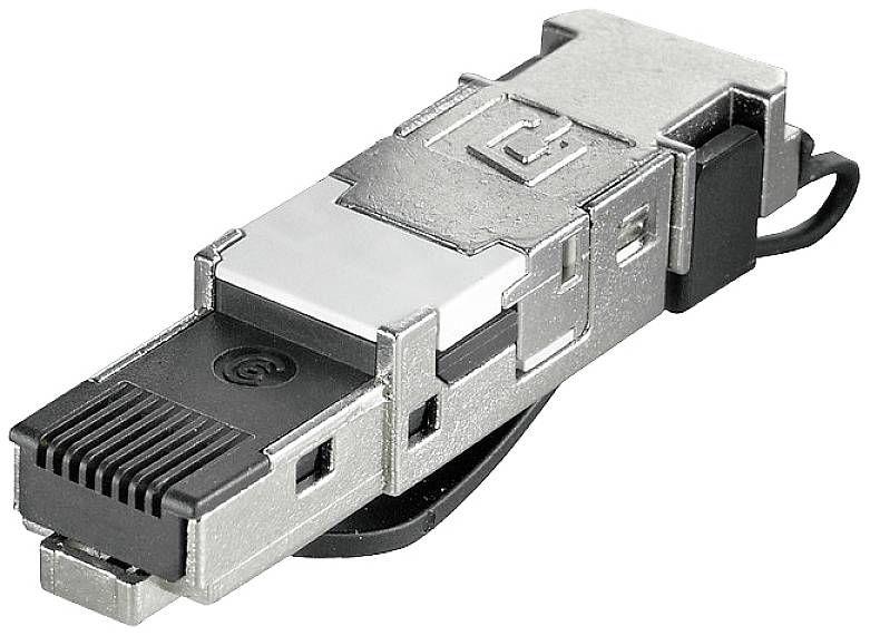 A silver metal SFP plug, used for network connections, shows the pins and locking mechanism.