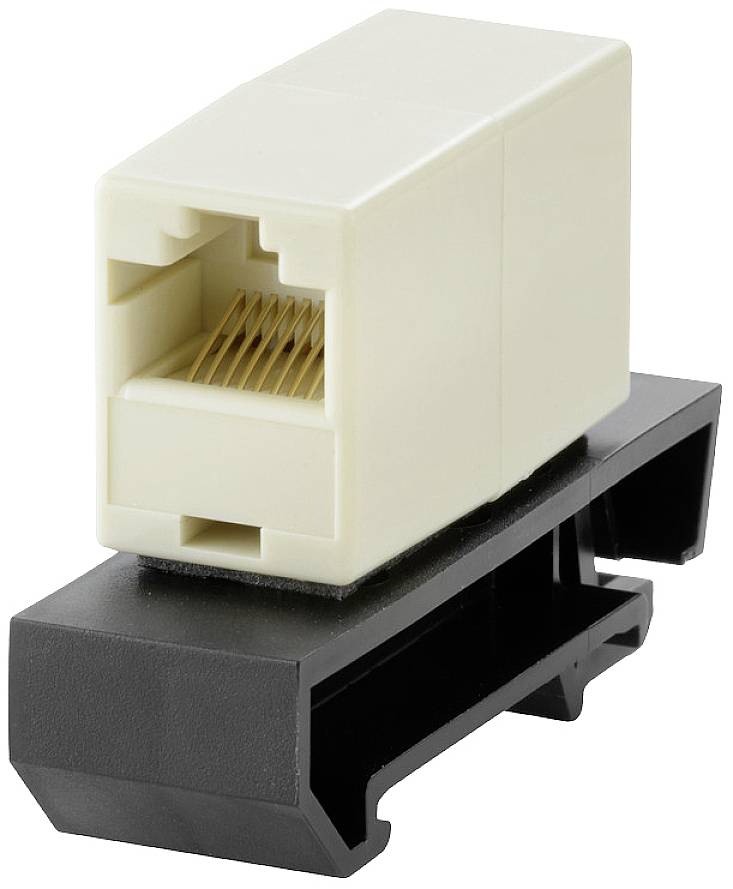 An Ethernet coupling adaptor providing an RJ45 connection, mounted on a DIN rail adapter for industrial applications.