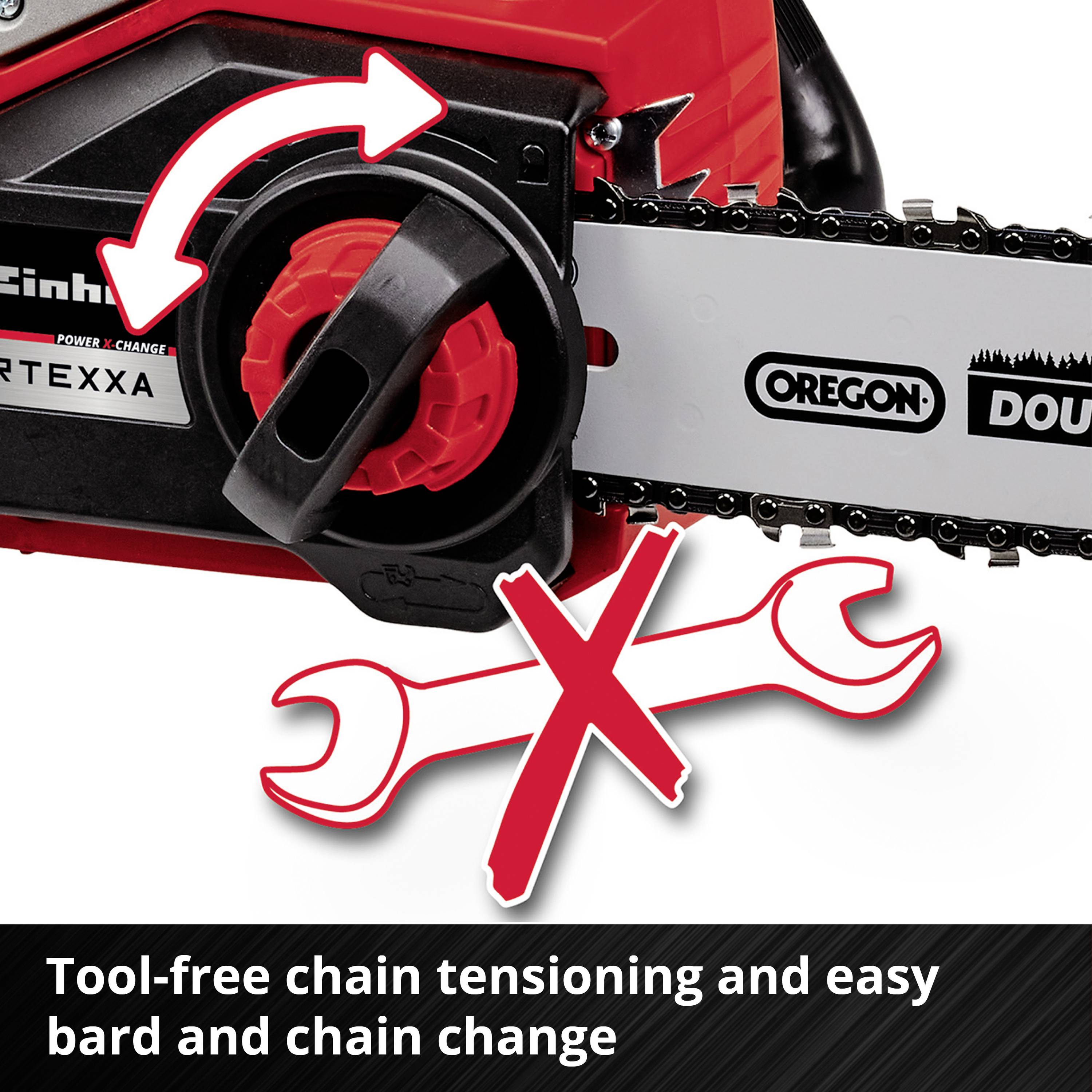 Chainsaw chain showing tool-free chain tensioning. A red arrow and symbols highlight the user-friendliness.