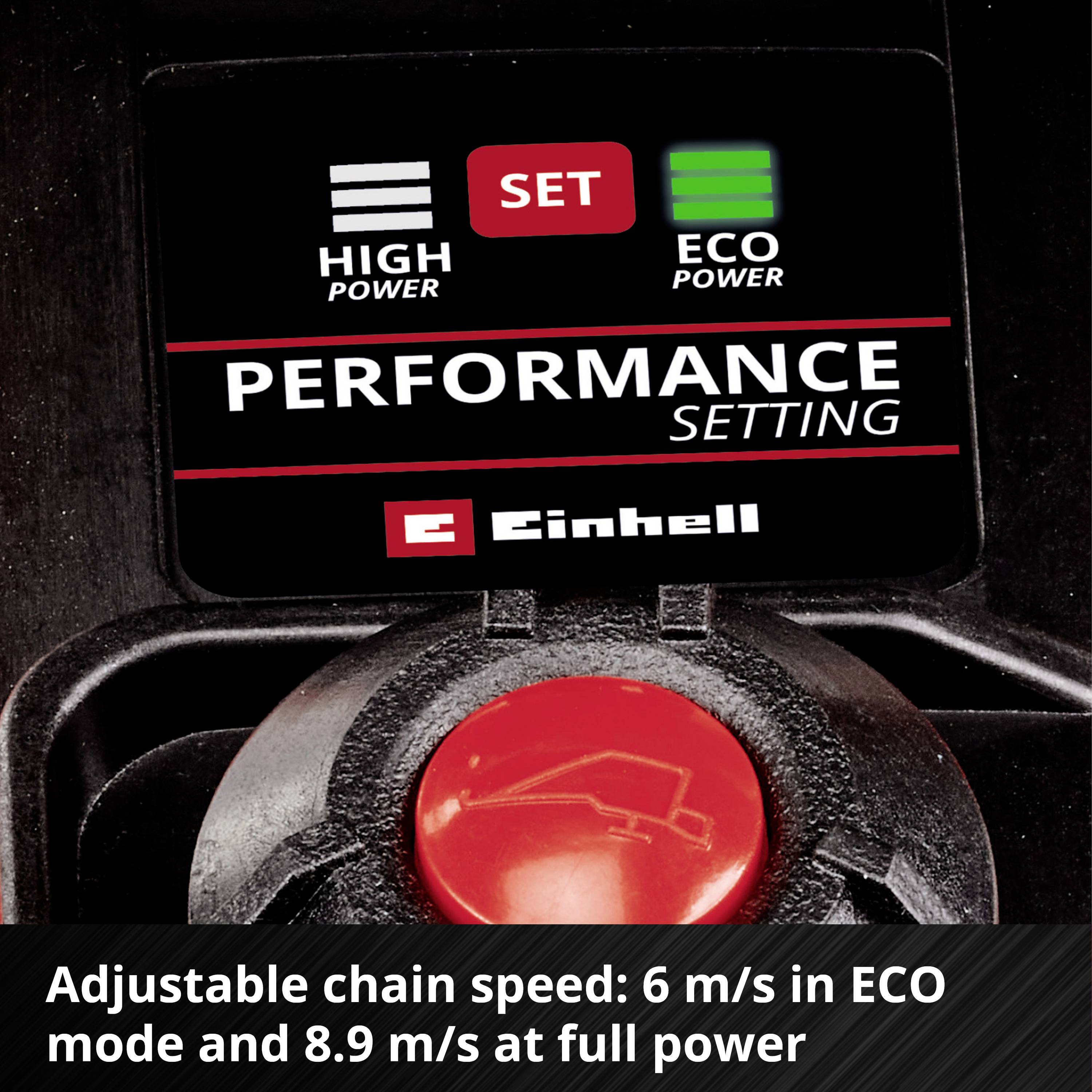 'Performance Setting' Display with options 'High Power' and 'Eco Power', with text below about adjustable chain speed.