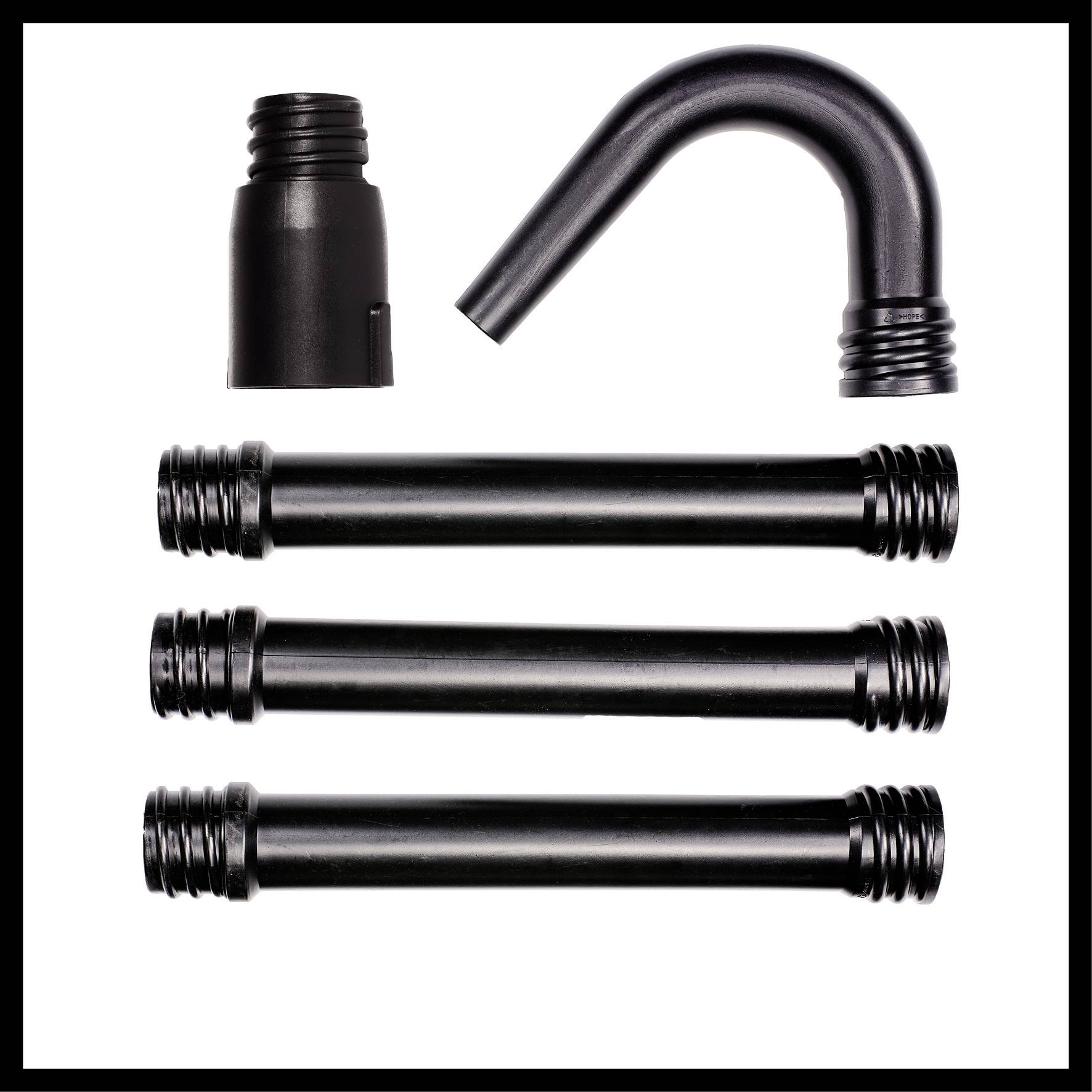 Black plastic nozzle set consisting of a curved nozzle, a straight nozzle, and three connecting pipes on a white background.