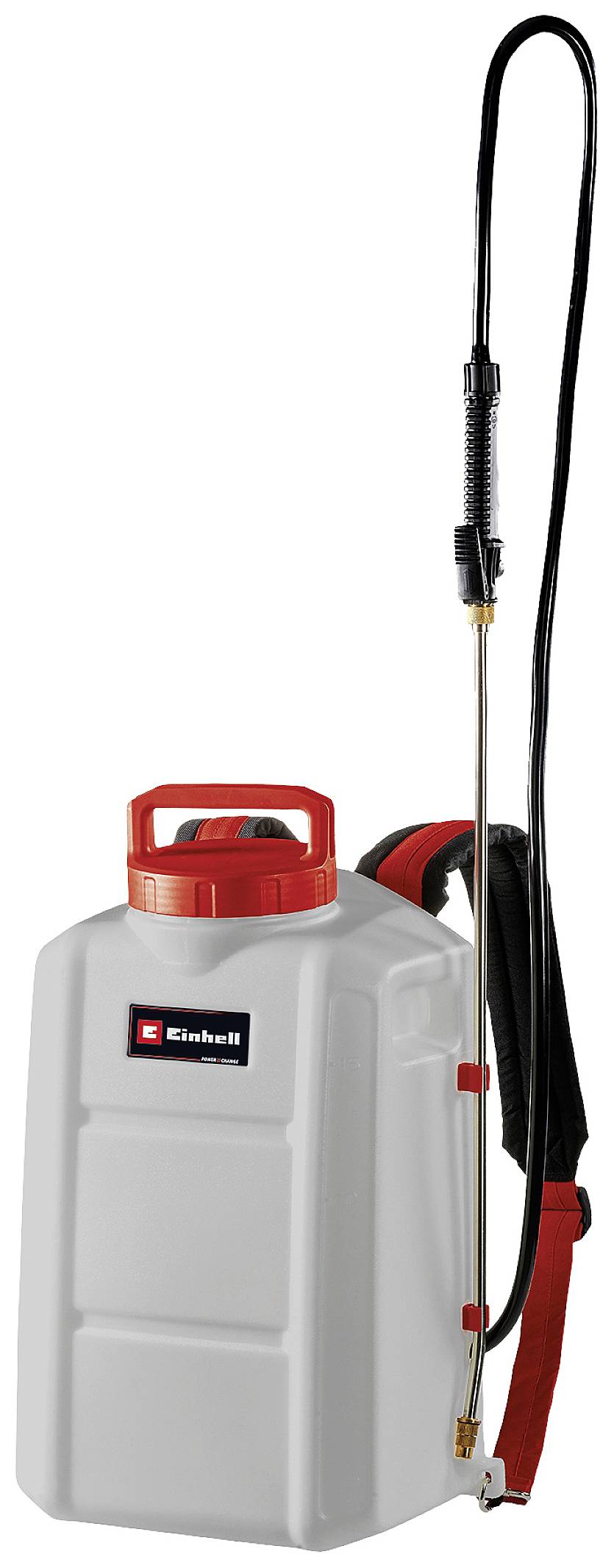 'Einhell' pressure sprayer with a red handle, grey tank and long hose. Designed for garden work and plant care.