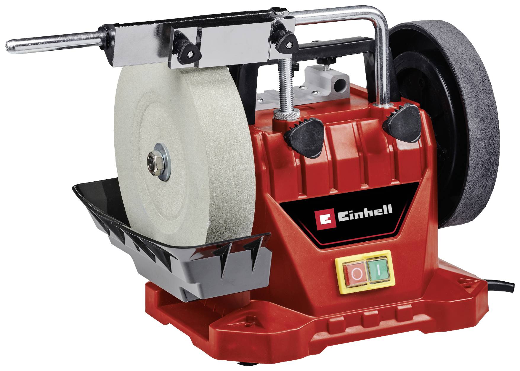 A red grinding machine with a large, grey grinding wheel and a smaller, black grinding wheel. Einhell logo on the front.