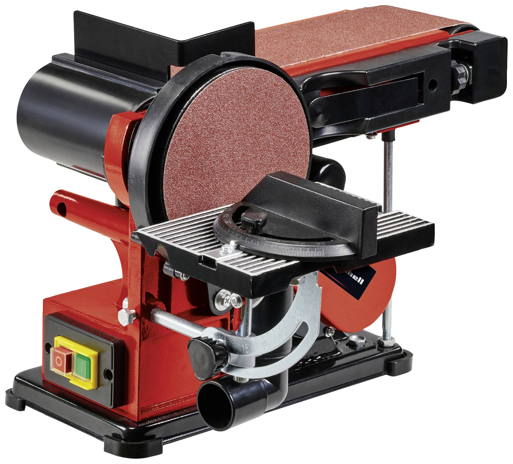 Combined grinding machine in red and black with belt sander and disc sander. Suitable for grinding wood and metal.