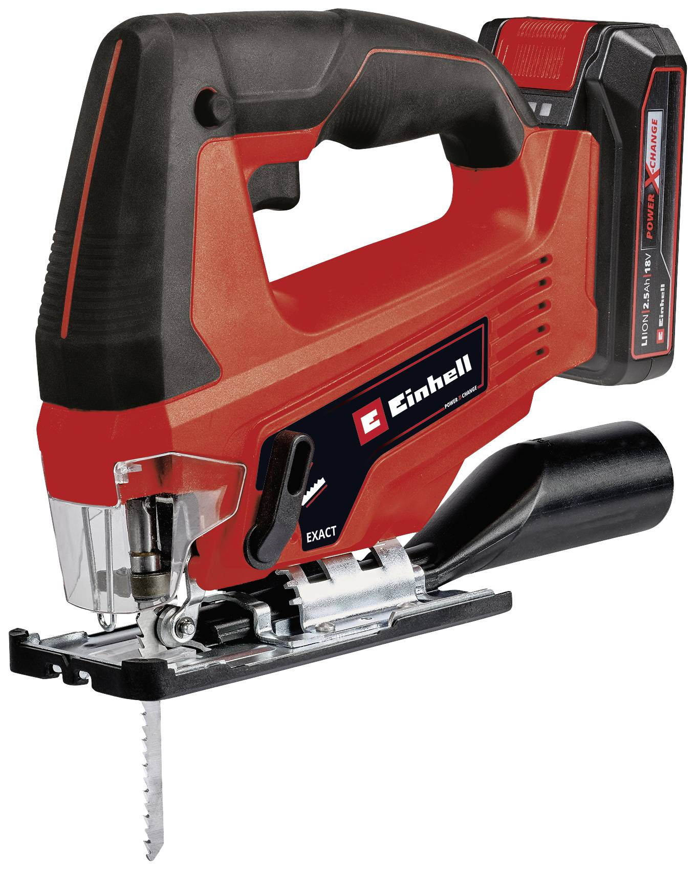 Red and black cordless jigsaw with blade, focusing on ergonomic handle and battery. Ideal for precise DIY and woodworking tasks.
