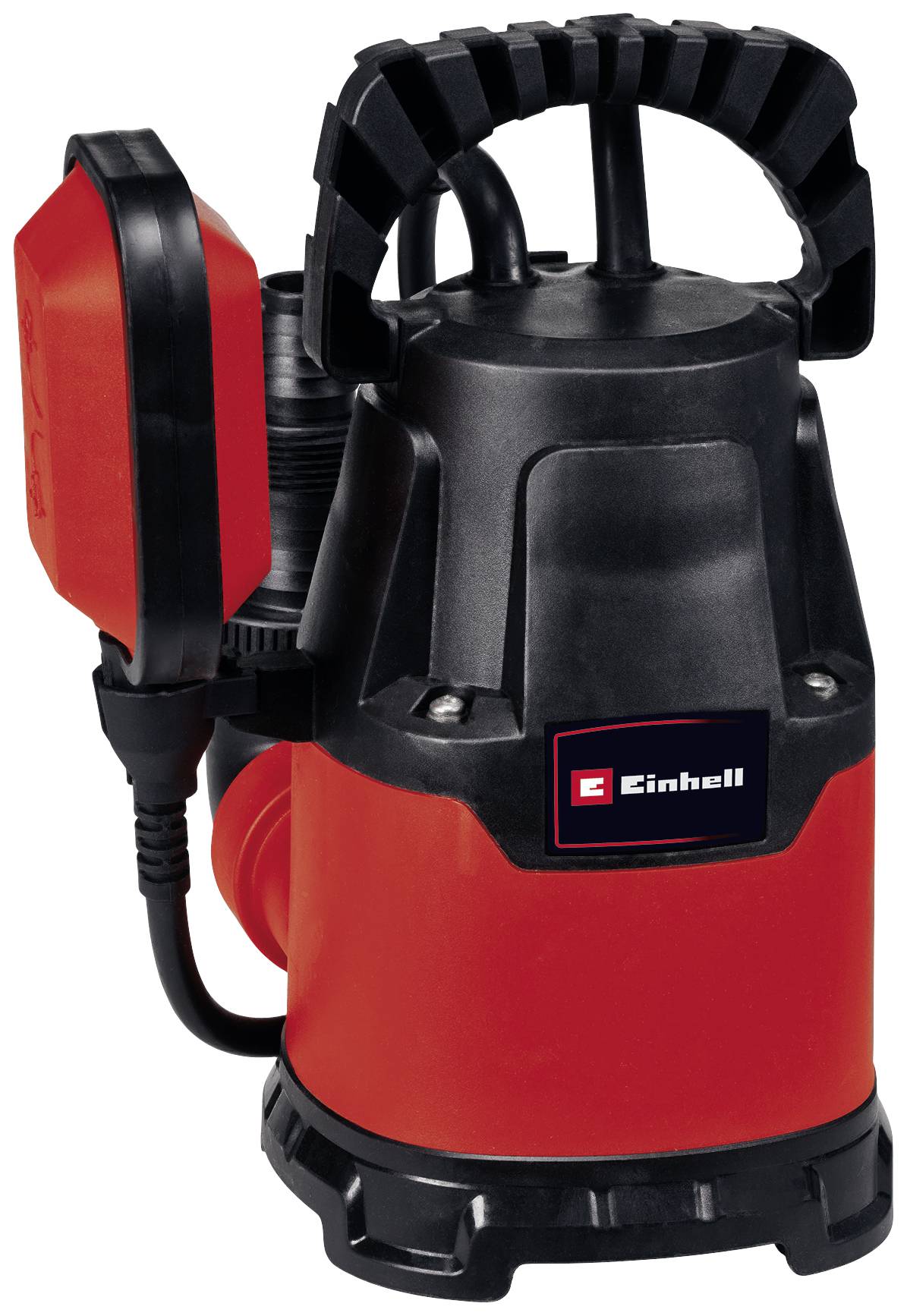 A black and red submersible pump by Einhell, suitable for water pumping. It has a carrying handle and connection cable.