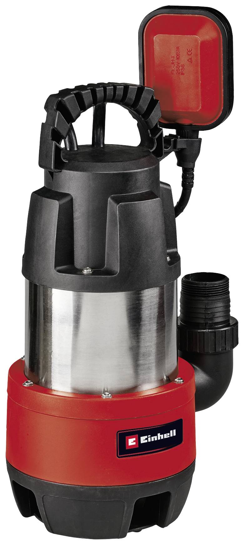 A submersible pump with a robust handle in black and red. It has a side connection pipe and a red housing with the 'Einhell' brand.