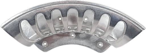 A semi-circular, metallic component with six evenly distributed slots and multiple mounting holes.