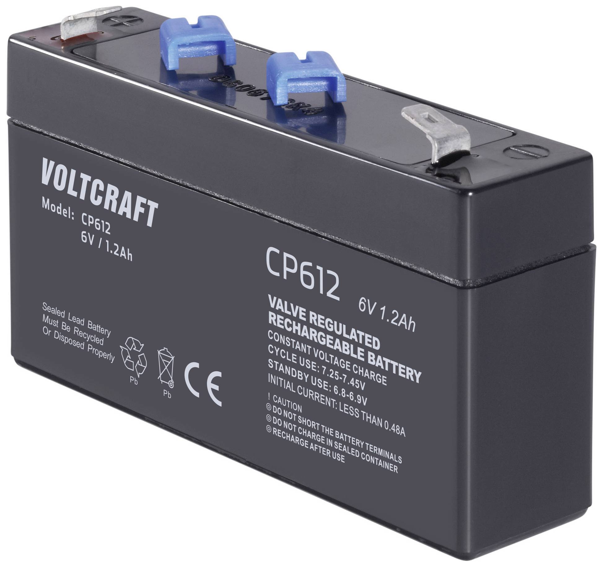 Black Voltcraft battery model CP612 with blue terminals. Capacity: 6V 1.2Ah. Label: 'Valve Regulated Rechargeable Battery'.