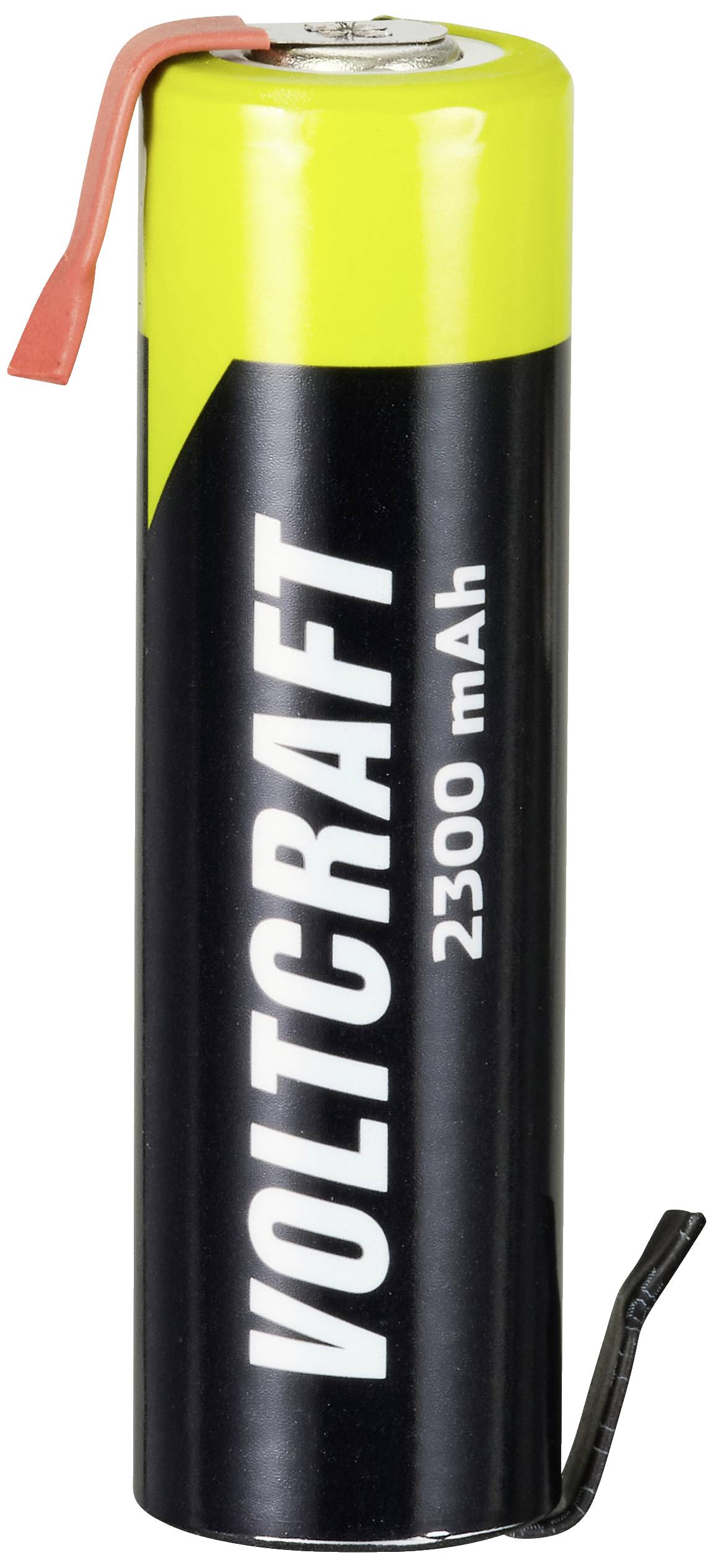 A 'Voltcraft' 2300 mAh AA battery with a black and yellow design, upper and lower contacts visible.