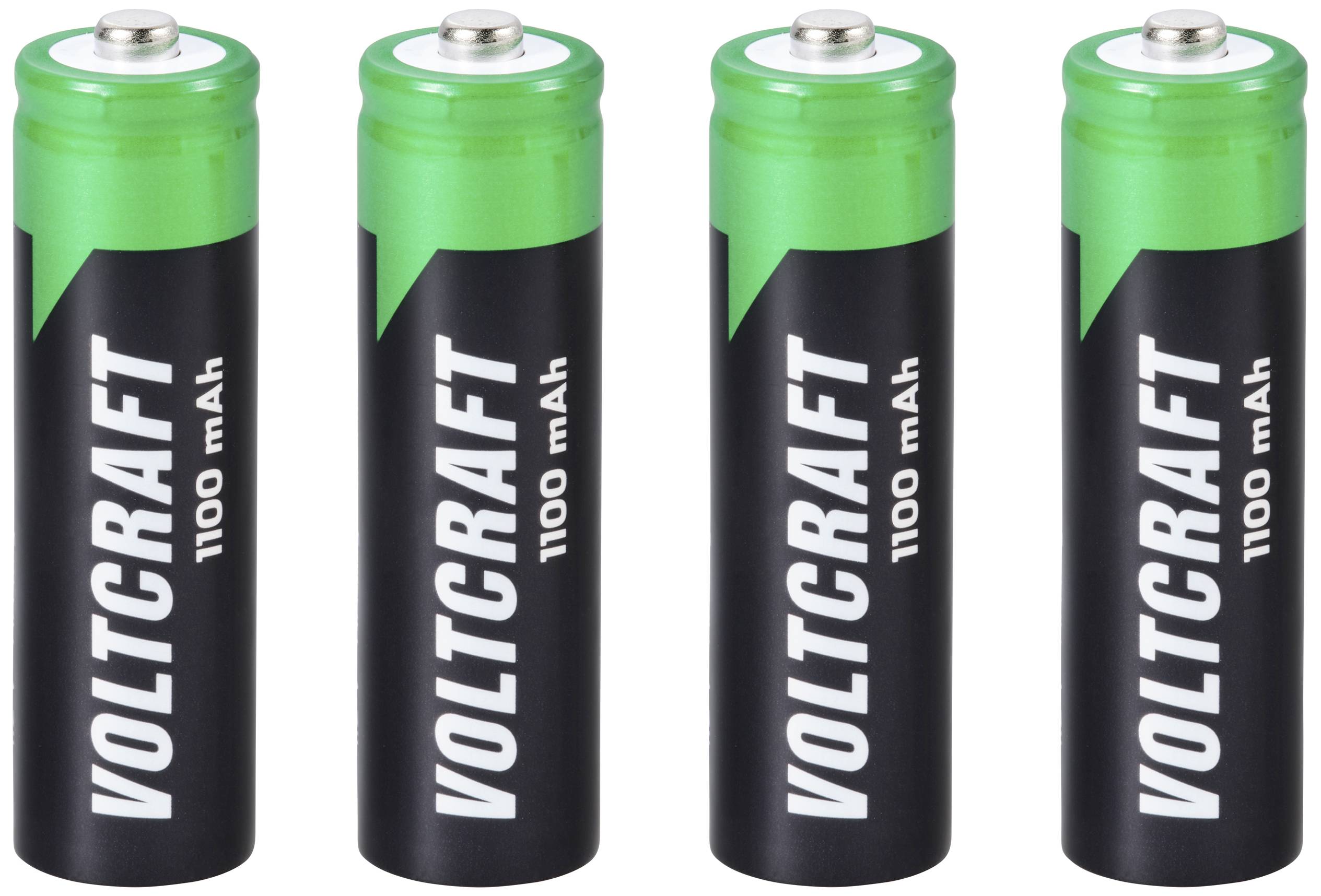 Four rechargeable VOLTCRAFT AA batteries, each 1100 mAh, lined up side by side. Primarily green and black.