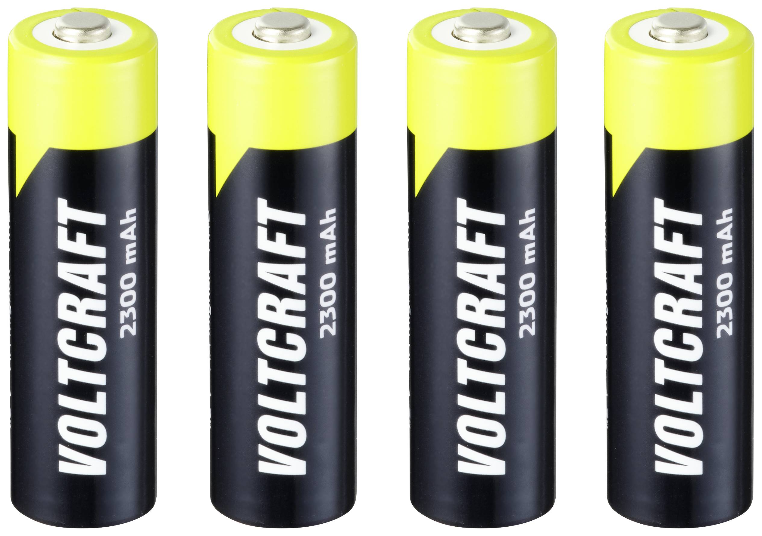 Four black and yellow Voltcraft batteries with 2300 mAh capacity, arranged in a row.