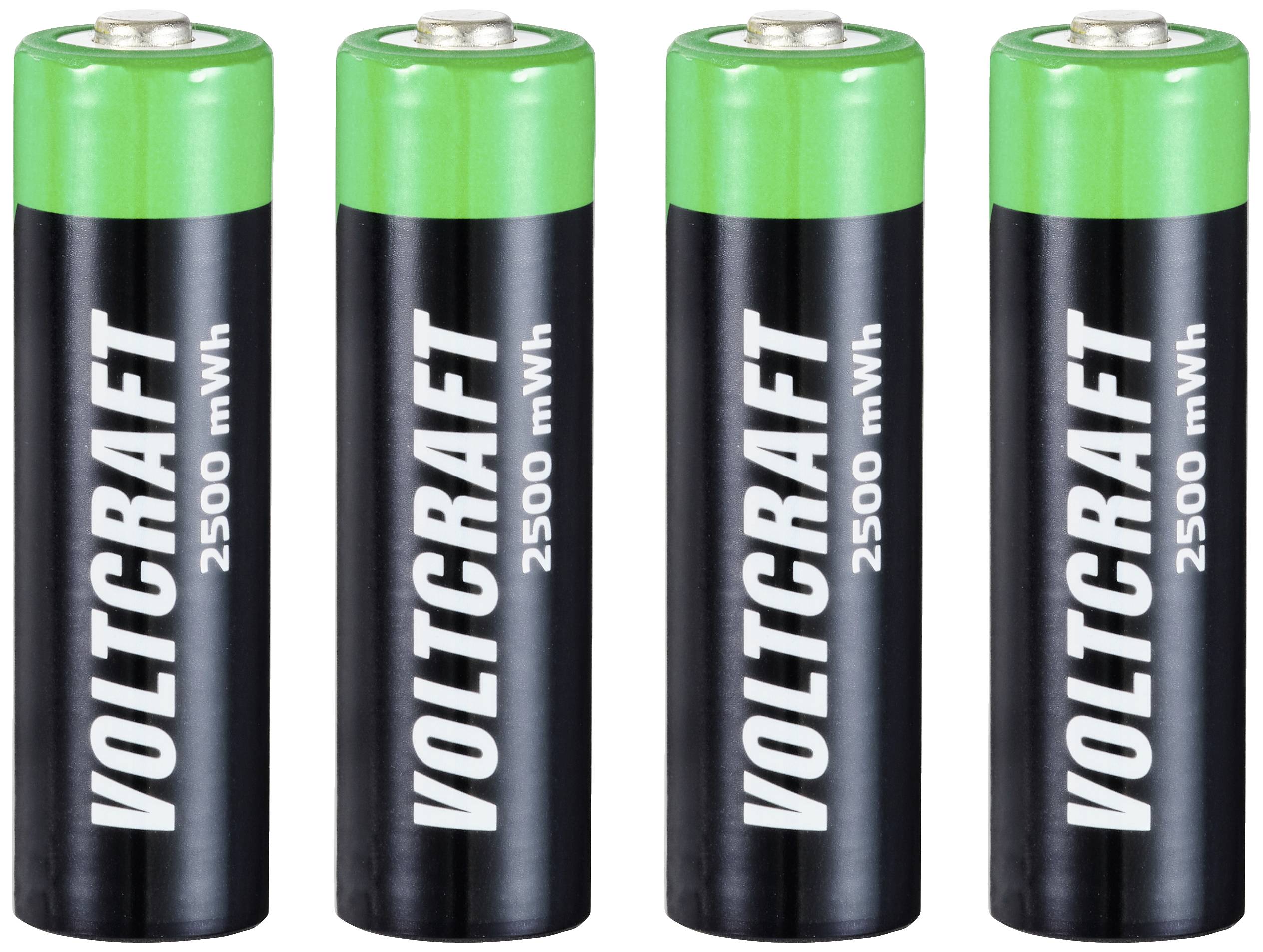 Four black batteries with green tops, Voltcraft brand, capacity 2500 mWh.