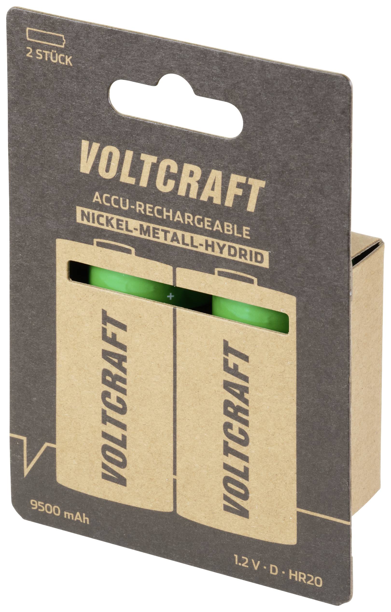 Pack of two rechargeable Nickel-Metal Hydride batteries from Voltcraft. Capacity: 9500 mAh, Size: D, Voltage: 1.2 V.
