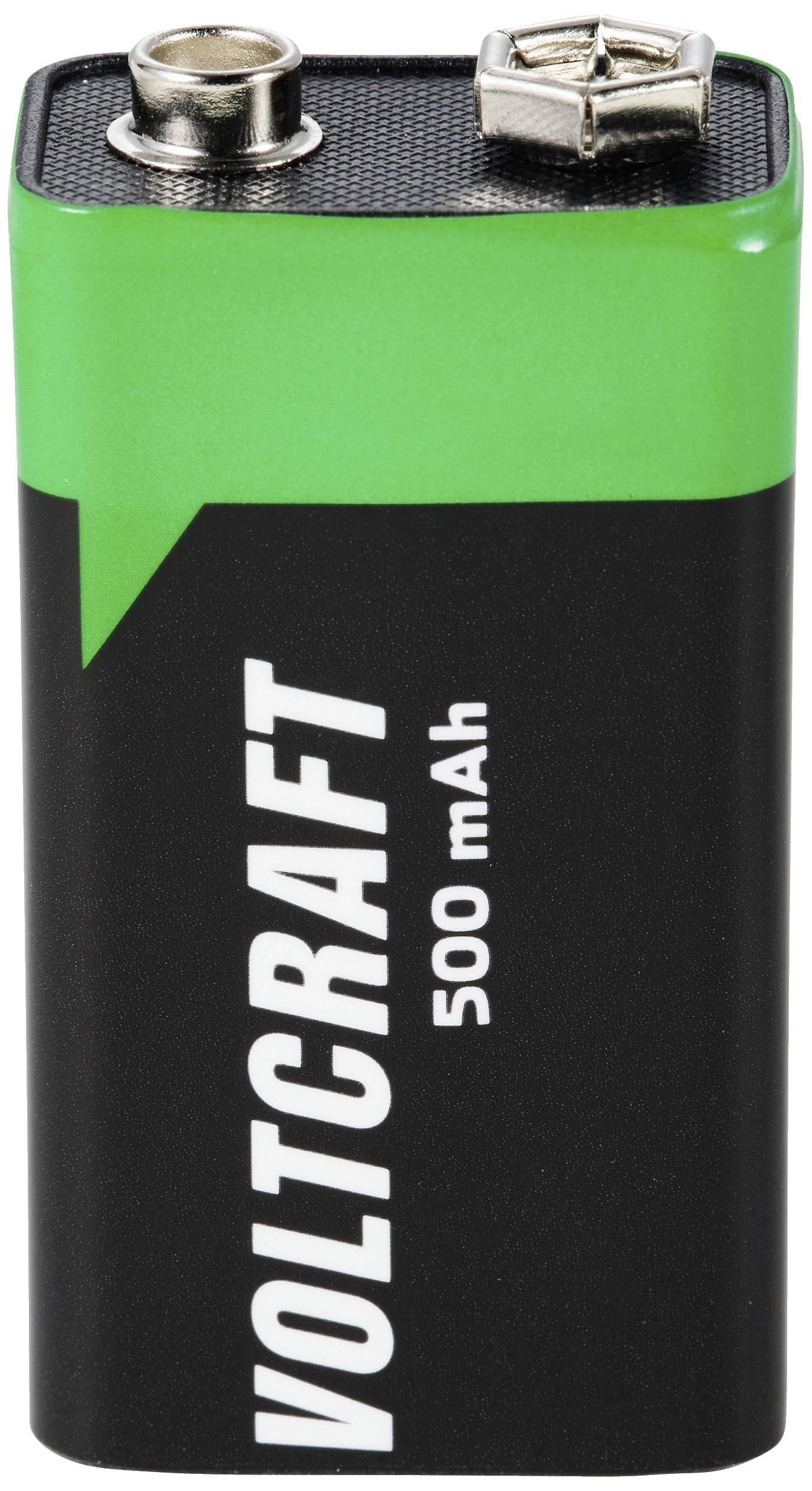 A rectangular 9-volt battery by Voltcraft with a capacity of 500 mAh. The two terminals are visible on the top.