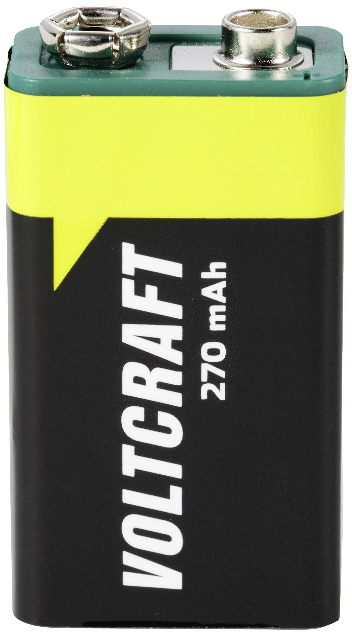 'Voltcraft 270 mAh' battery, rectangular, black and yellow, with two connections at the top. Primarily used for electronic devices.