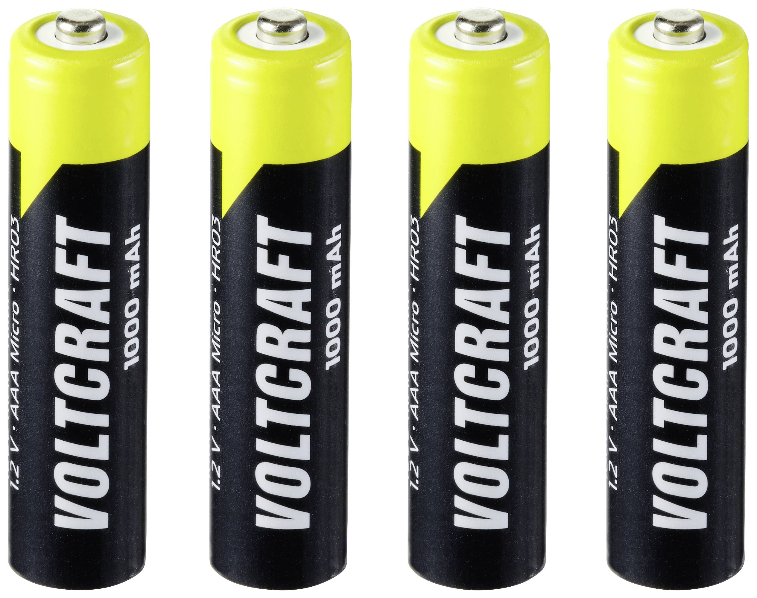 Four AAA batteries by the brand Voltcraft.
