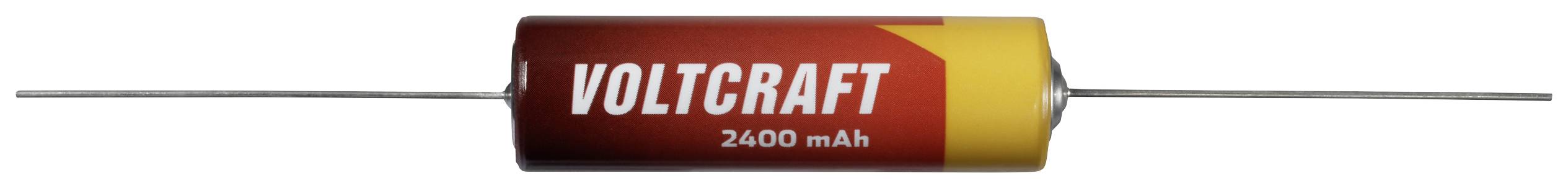 Battery with the label 'VOLTCRAFT 2400 mAh', cylindrical in shape, red-yellow in colour, with connections at both ends.