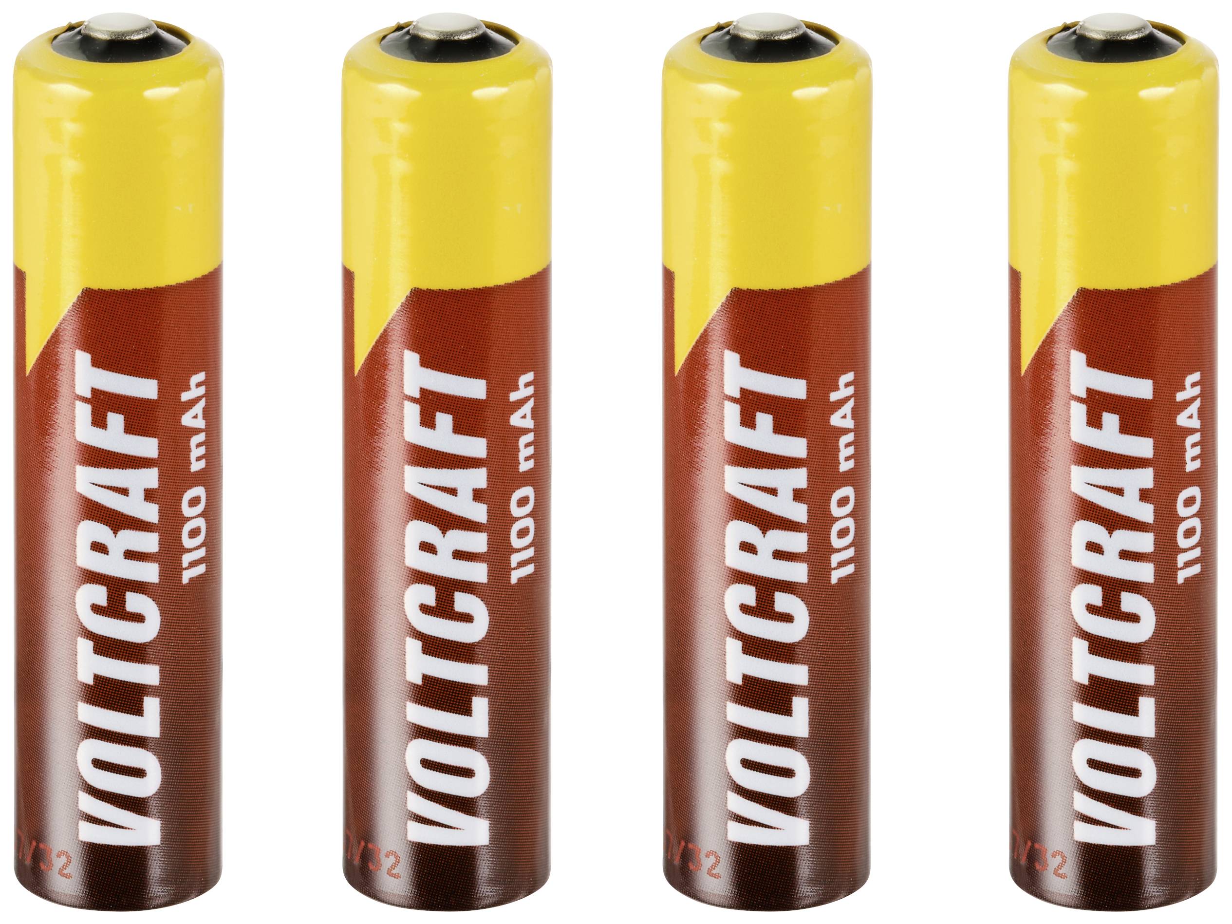 Four AA Voltcraft batteries with 1100 mAh capacity, lined up against a white background.