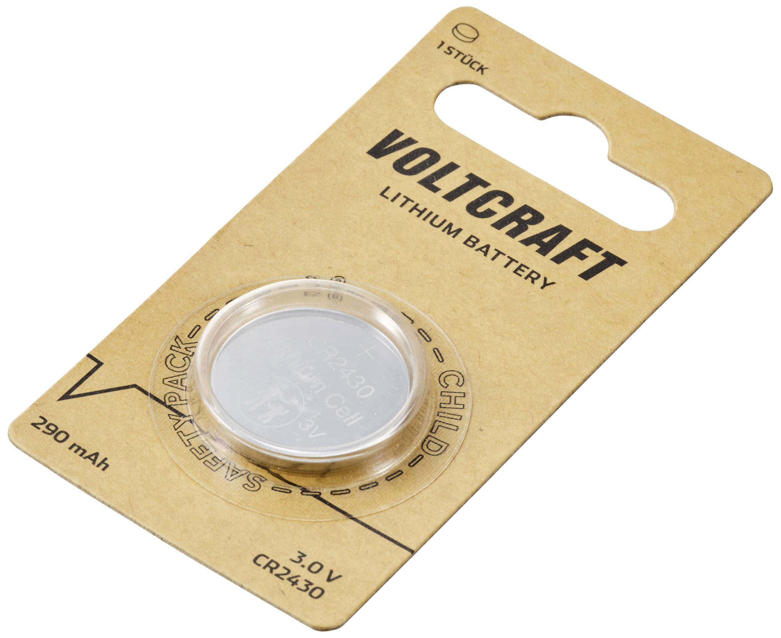 Voltcraft lithium button cell on a cardboard card, with a capacity of 290 mAh and a voltage of 3.0 V, model CR2430.