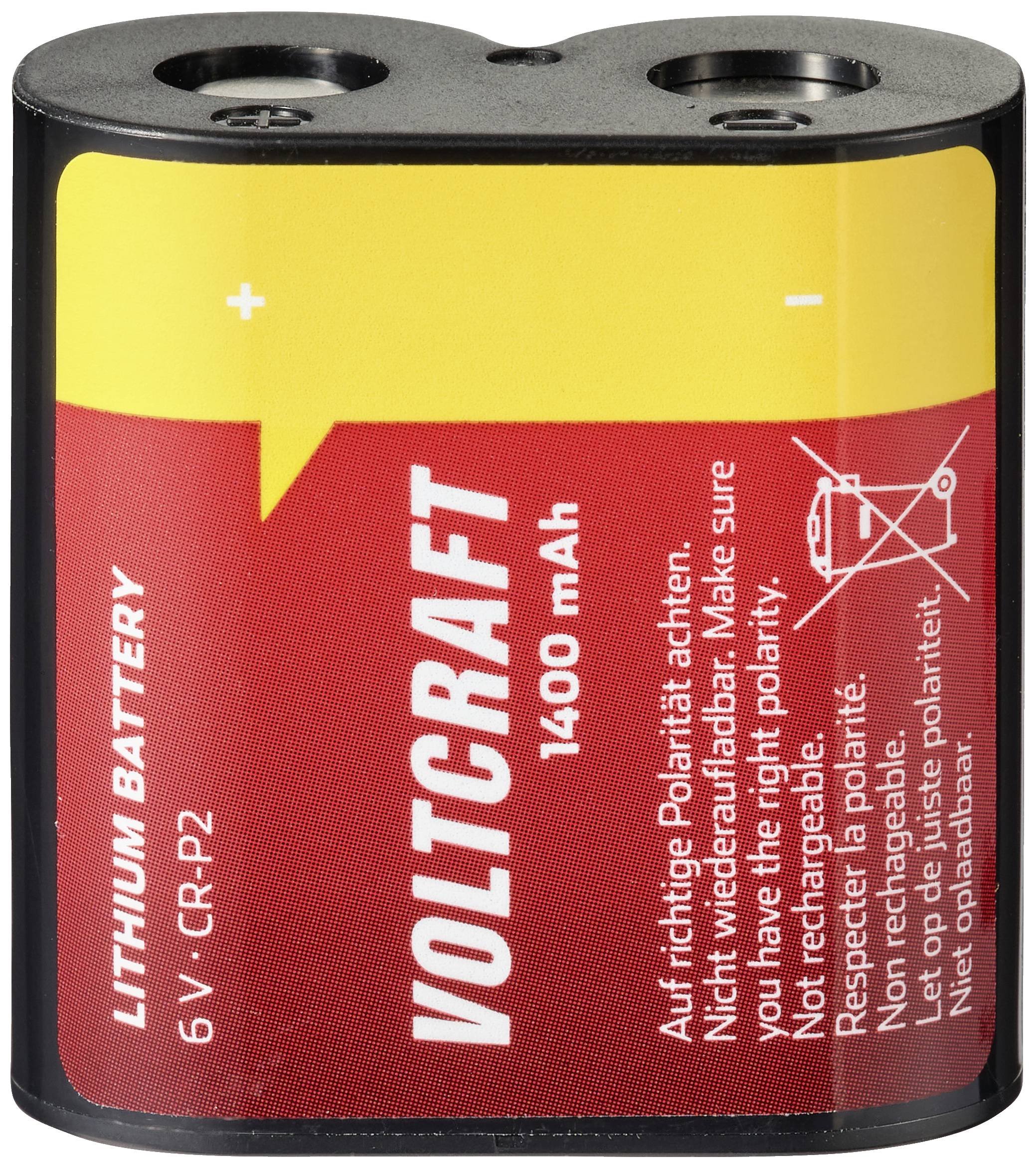 Lithium Battery, 6V, CR-P2, Brand 'Voltcraft', 1400 mAh. Ensure correct polarity. Not rechargeable.