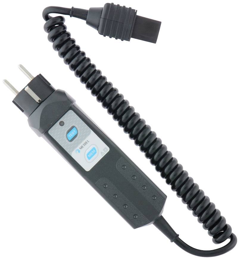 A black, spiral-shaped electric adapter with two blue buttons ('Test', 'Reset'), a plug and a socket.